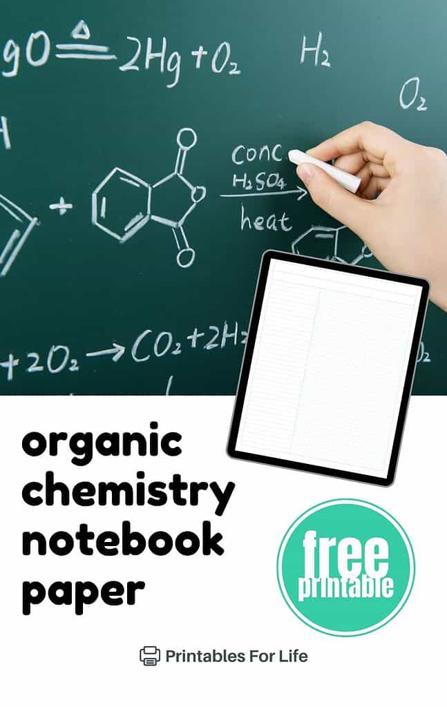 Hand writing on a chalkboard with an overlay of an organic chemistry notebook page featuring lined and hexagonal grid sections.