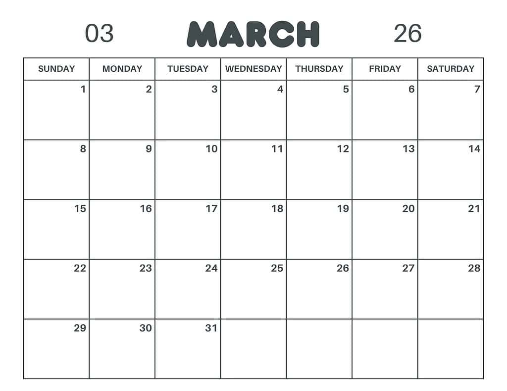Free Printable Calendar: March 2026, PDF