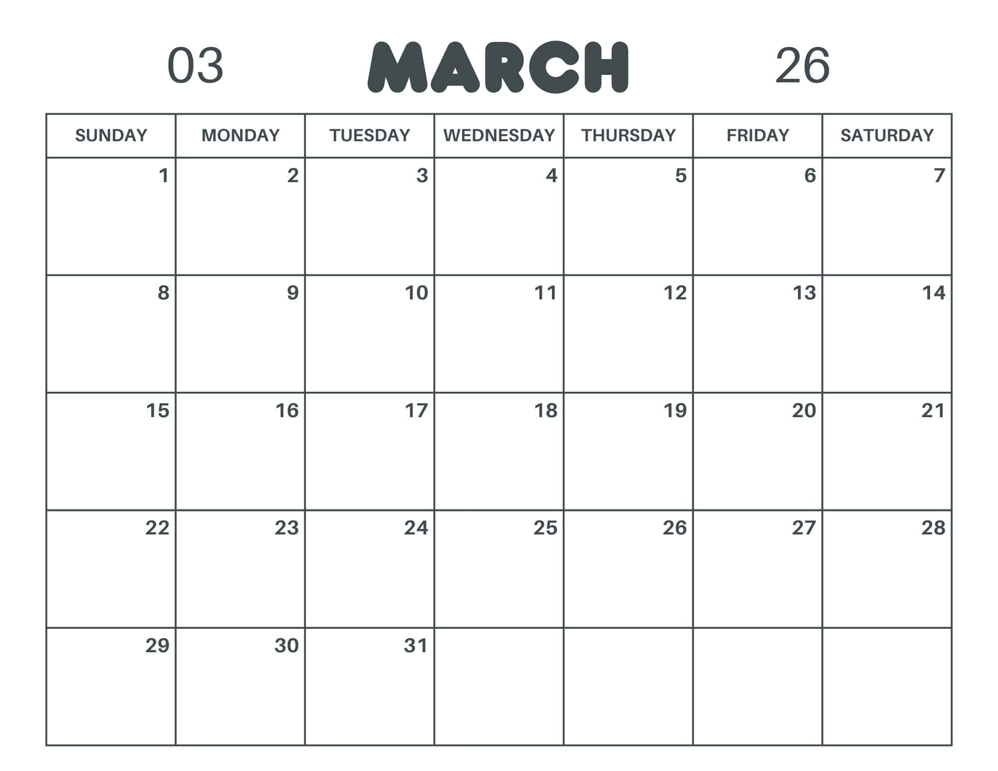 1 March 2026 printable calendar.