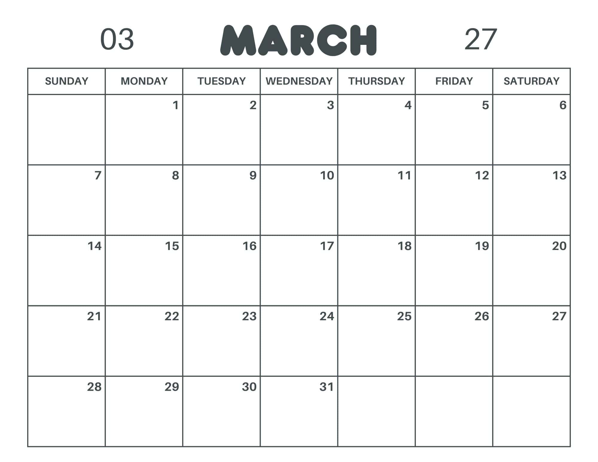 2 March 2027 printable calendar.