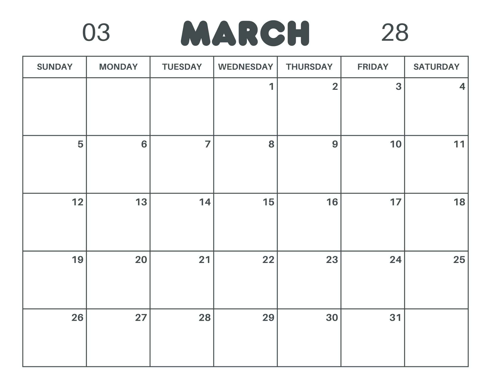 3 March 2028 printable calendar.