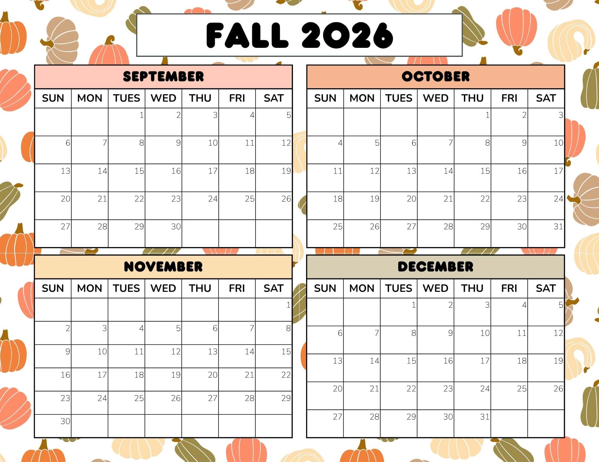 Printable fall 2026 calendar dated with festive pumpkins and autumn colors. 