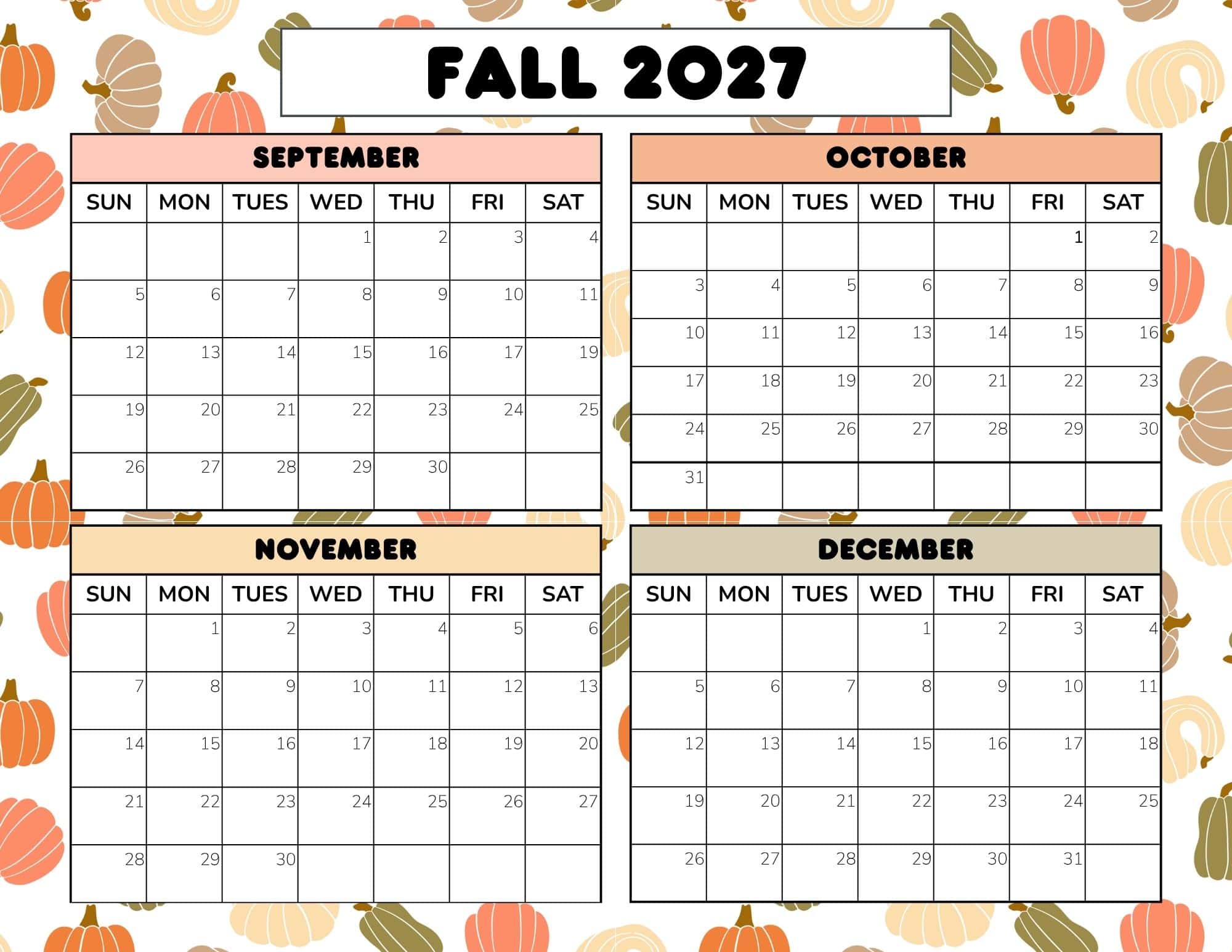 Printable fall 2027 calendar dated with festive pumpkins and autumn colors.