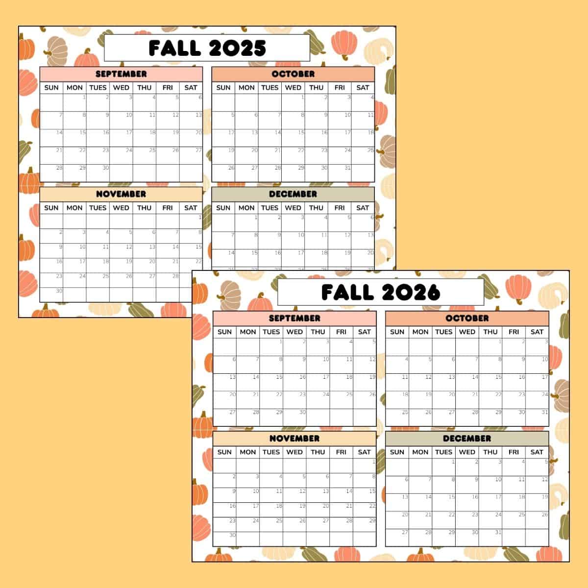 Fall 2025 and fall 2026 printable calendars with seasonal backgrounds. 