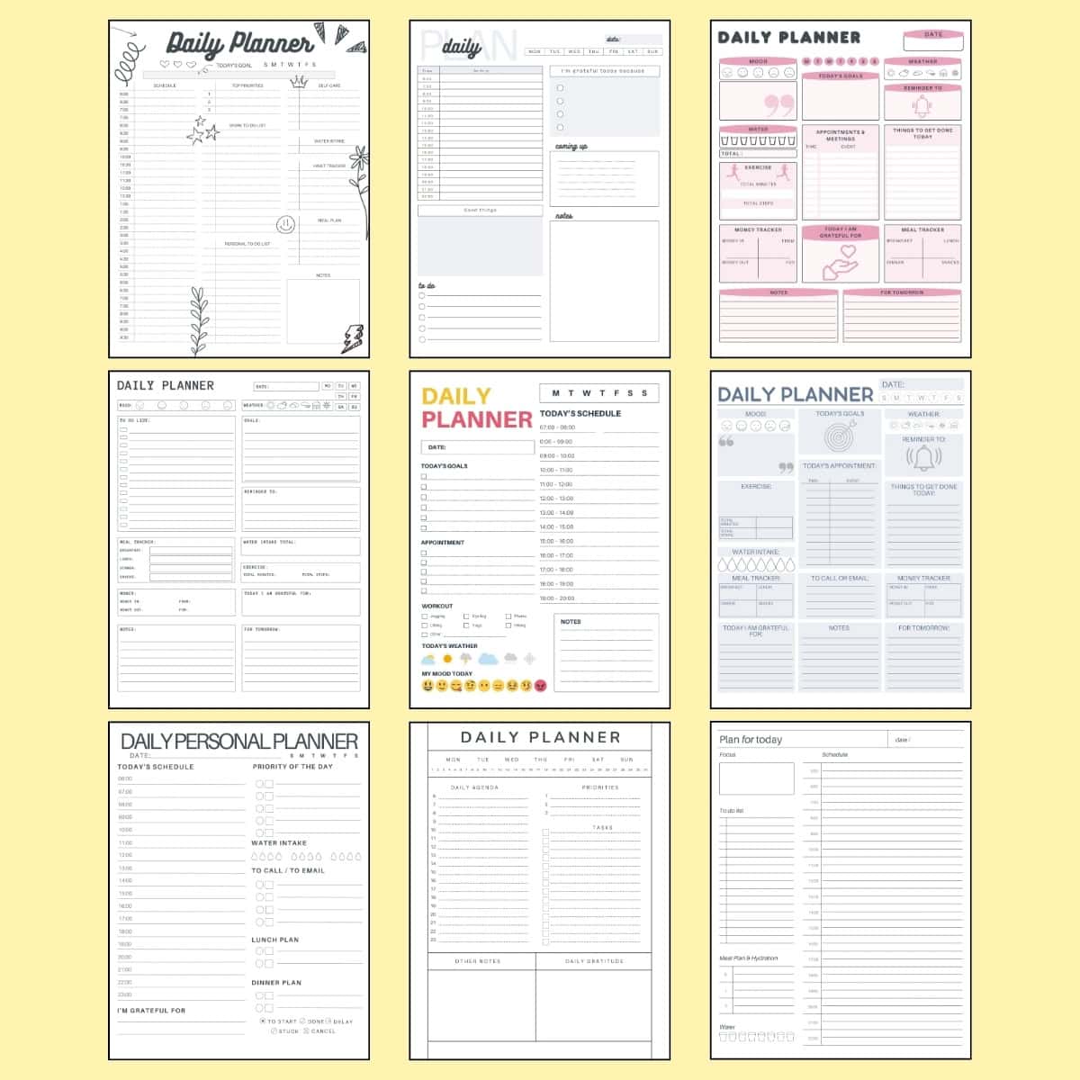 Daily planner with schedule, appointments, tasks, meal tracker, money tracker, weather, mood, and gratitude sections.