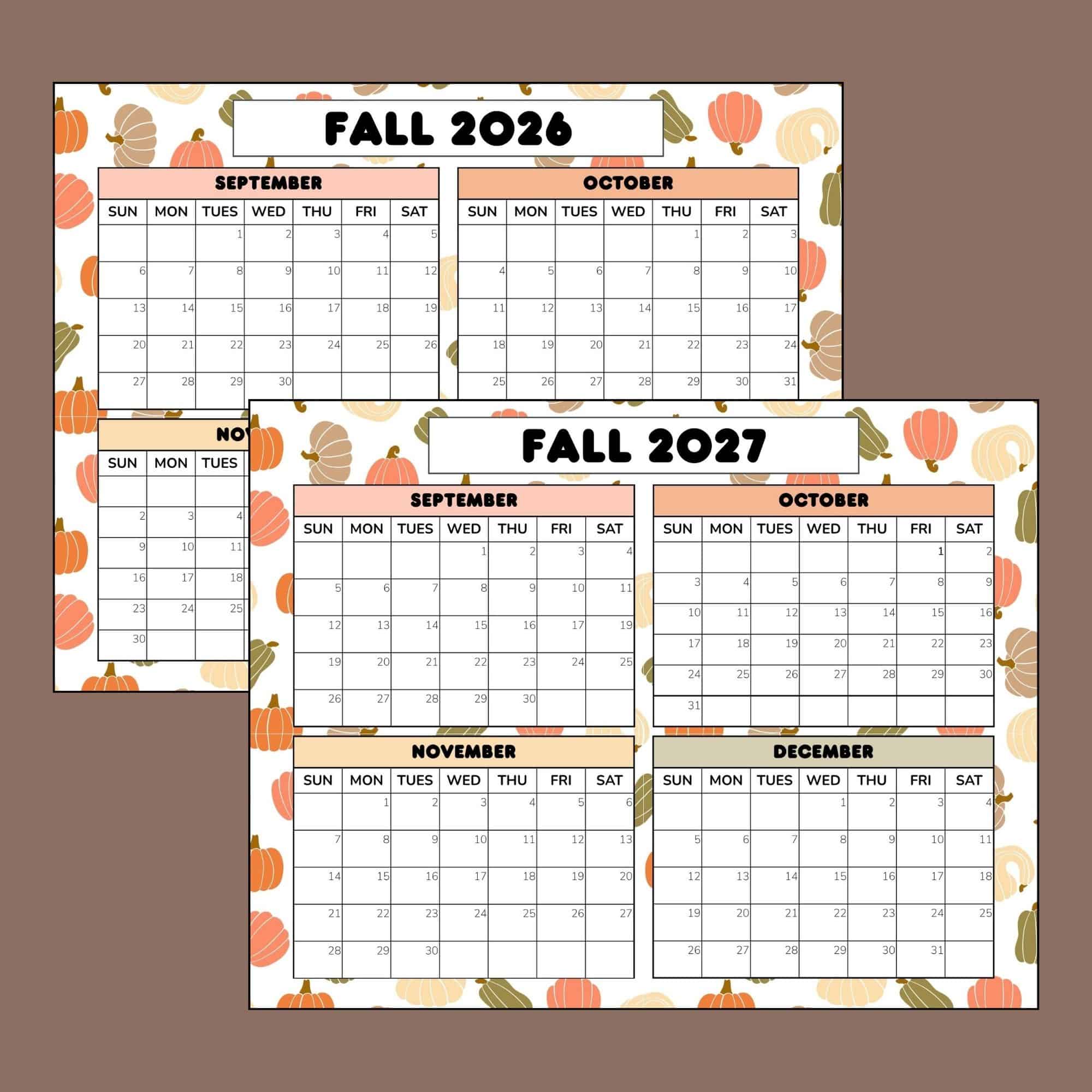 Fall 2026 and fall 2027 dated calendars with colorful autumn designs. September, October, November, and December included.