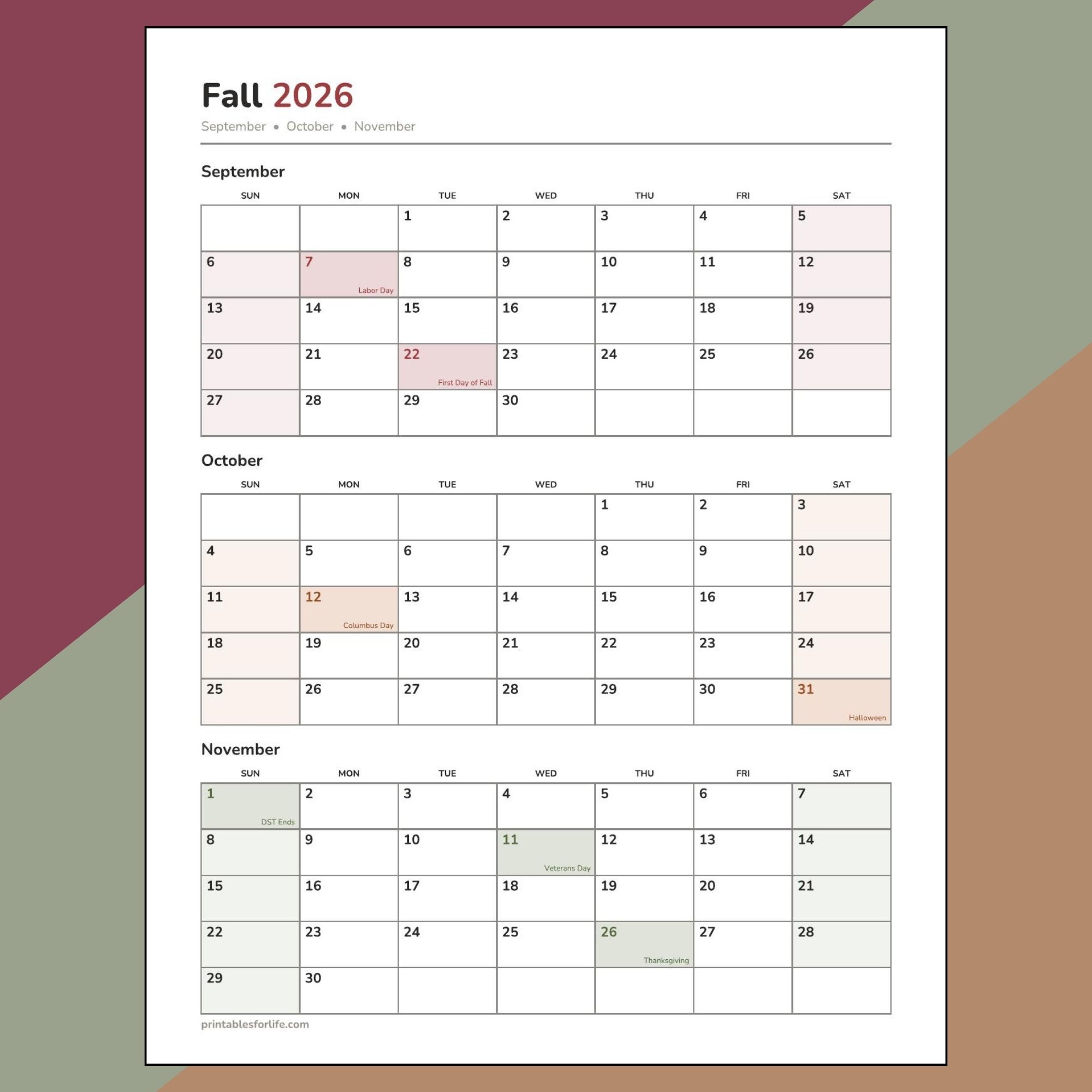 Free printable fall calendar 2026 featured image for the September, October and November calendar download.
