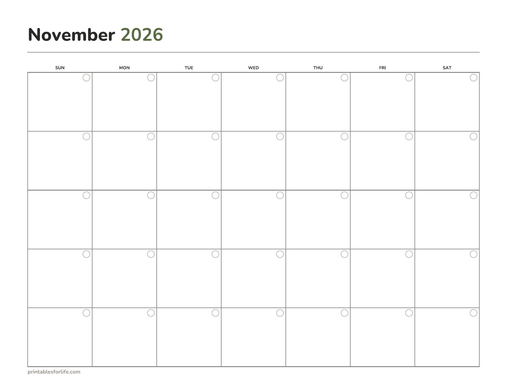 Blank undated November calendar printable with a circle in each cell for writing the date, landscape, Sunday start.