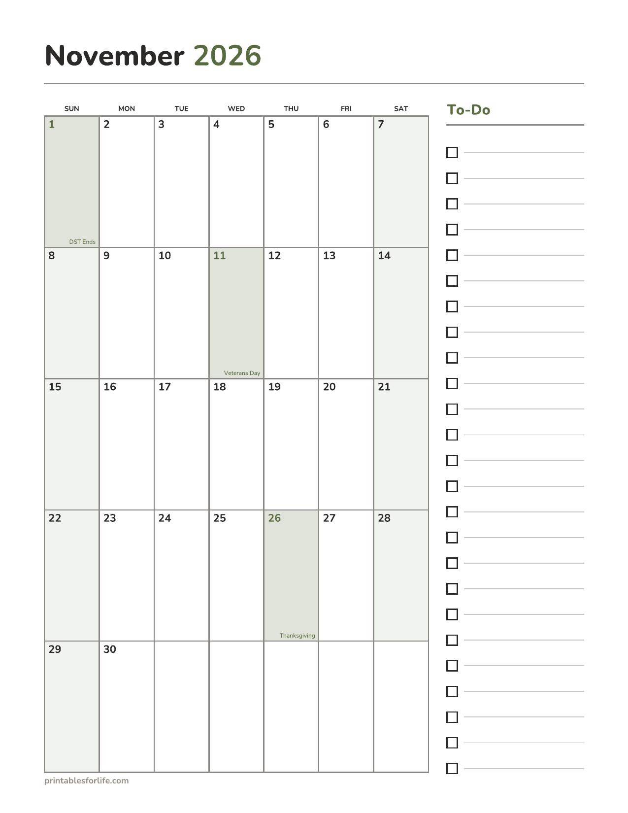 November 2026 calendar printable with holidays and a to-do checklist panel down the side, portrait, Sunday start.