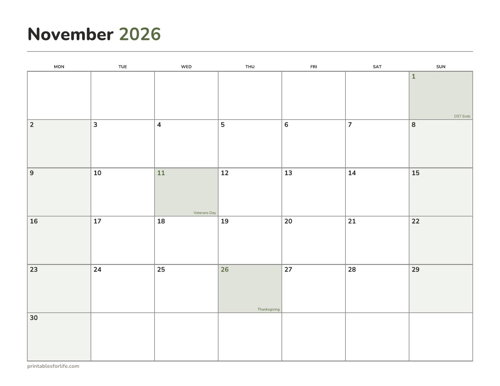 November 2026 calendar printable with the month's holidays already marked, landscape, Sunday start.
