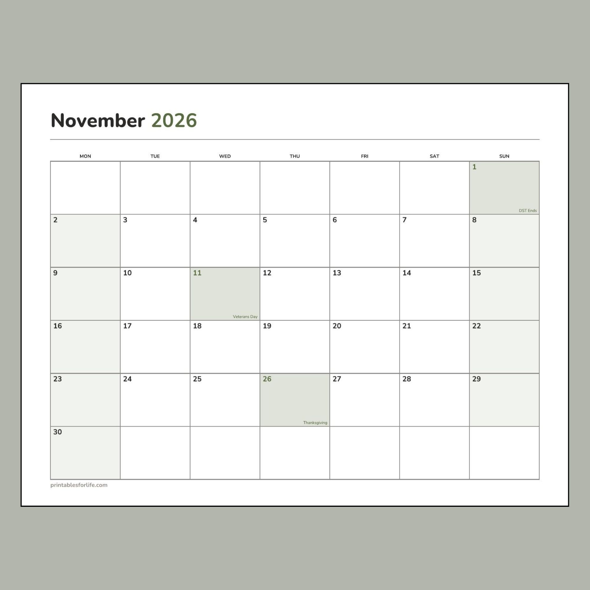 November 2026 calendar printable preview, landscape layout, Monday-start week, Thanksgiving, Veterans Day and the time change marked.