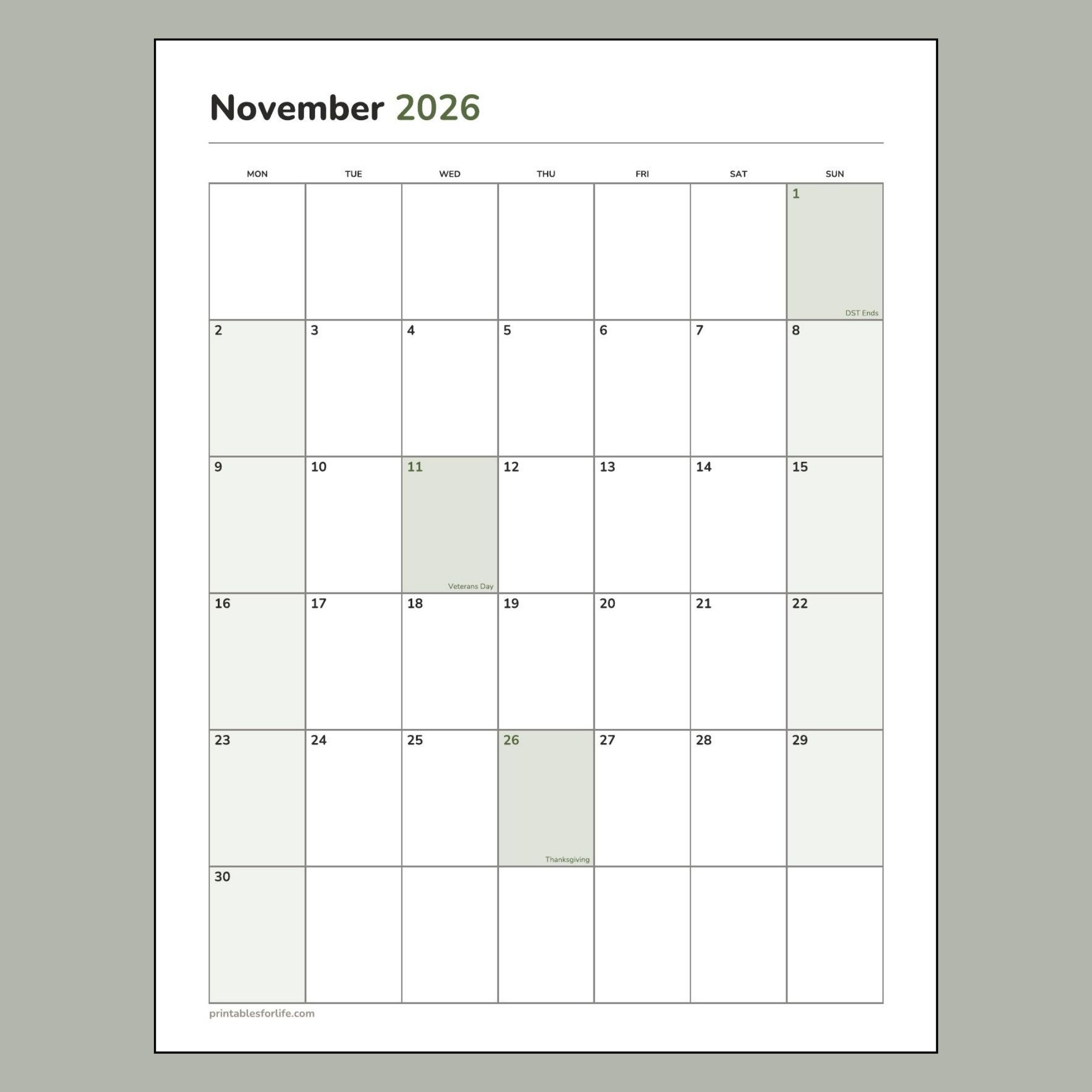 November 2026 calendar printable preview, portrait layout, Monday-start week, Thanksgiving, Veterans Day and the time change marked.