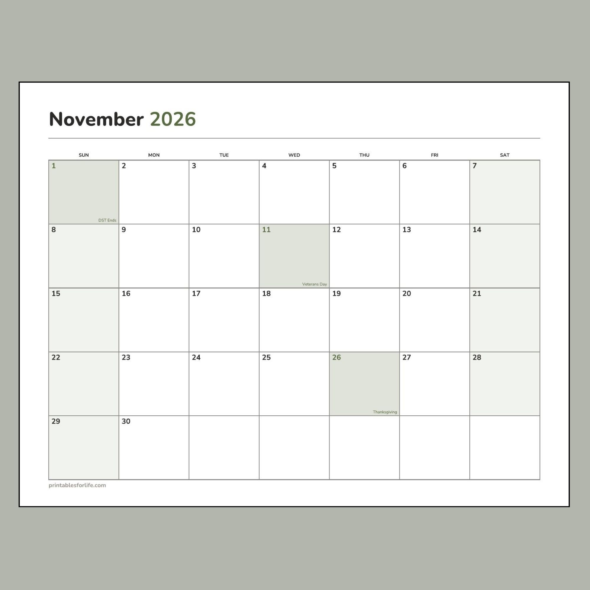 November 2026 calendar printable preview, landscape layout, Sunday-start week, Thanksgiving, Veterans Day and the time change marked.
