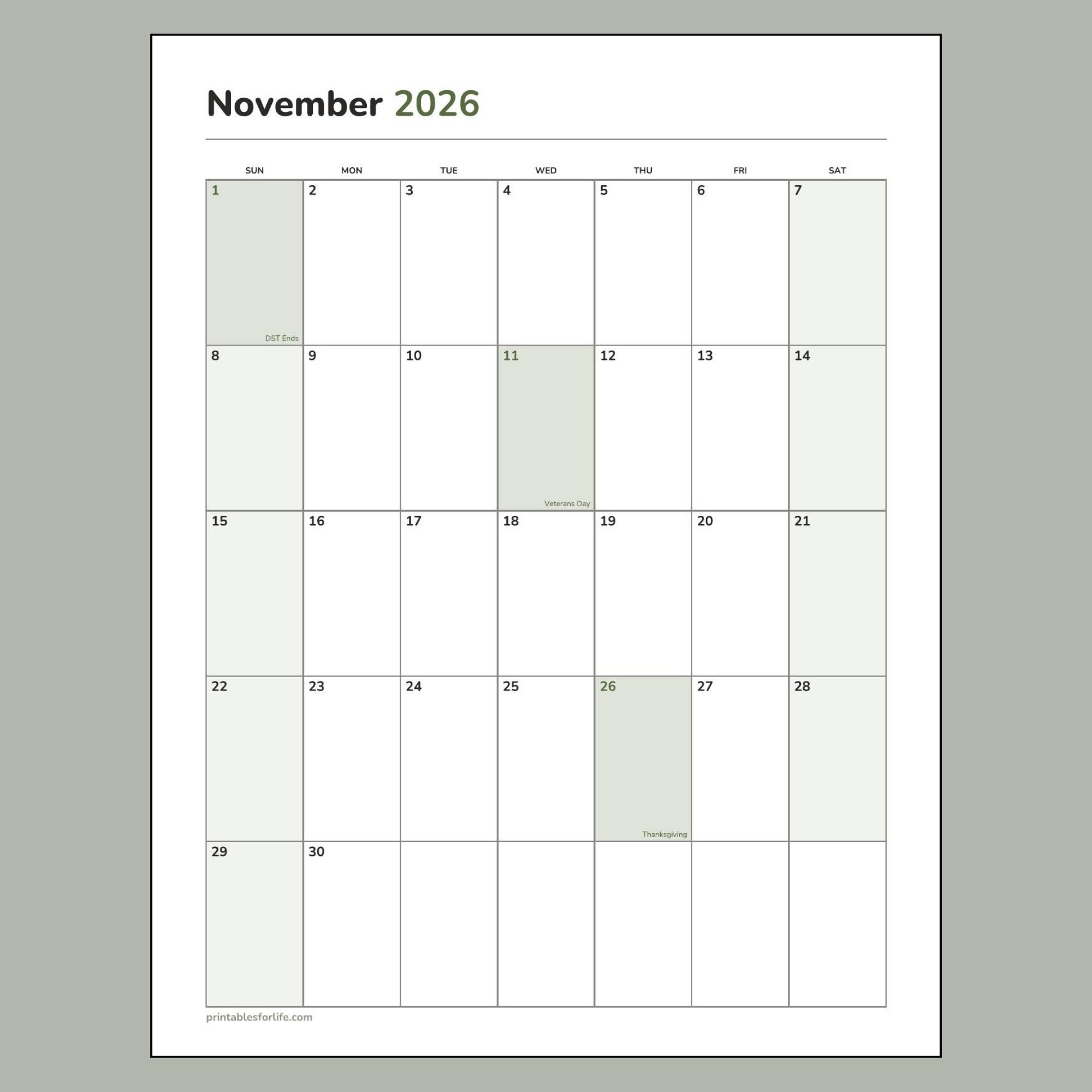 November 2026 calendar printable preview, portrait layout, Sunday-start week, Thanksgiving, Veterans Day and the time change marked.