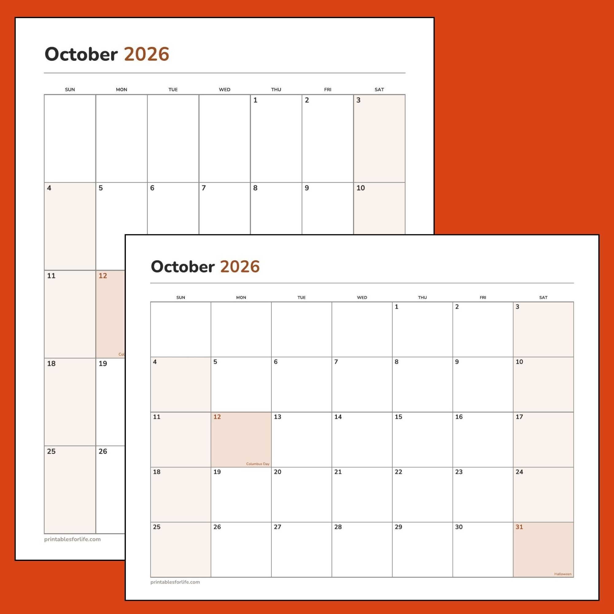 October 2026 printable calendar featured image showing the portrait and landscape layouts, with Columbus Day and Halloween marked.