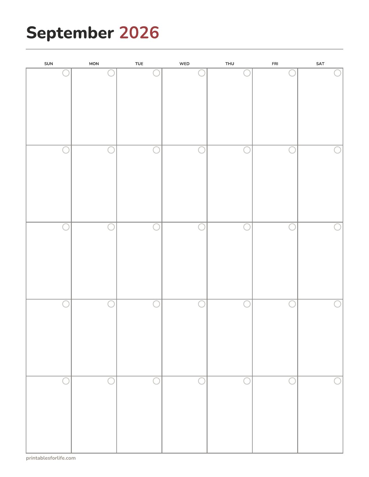 Blank undated September calendar printable with a circle in each cell for writing the date, portrait, Sunday start.