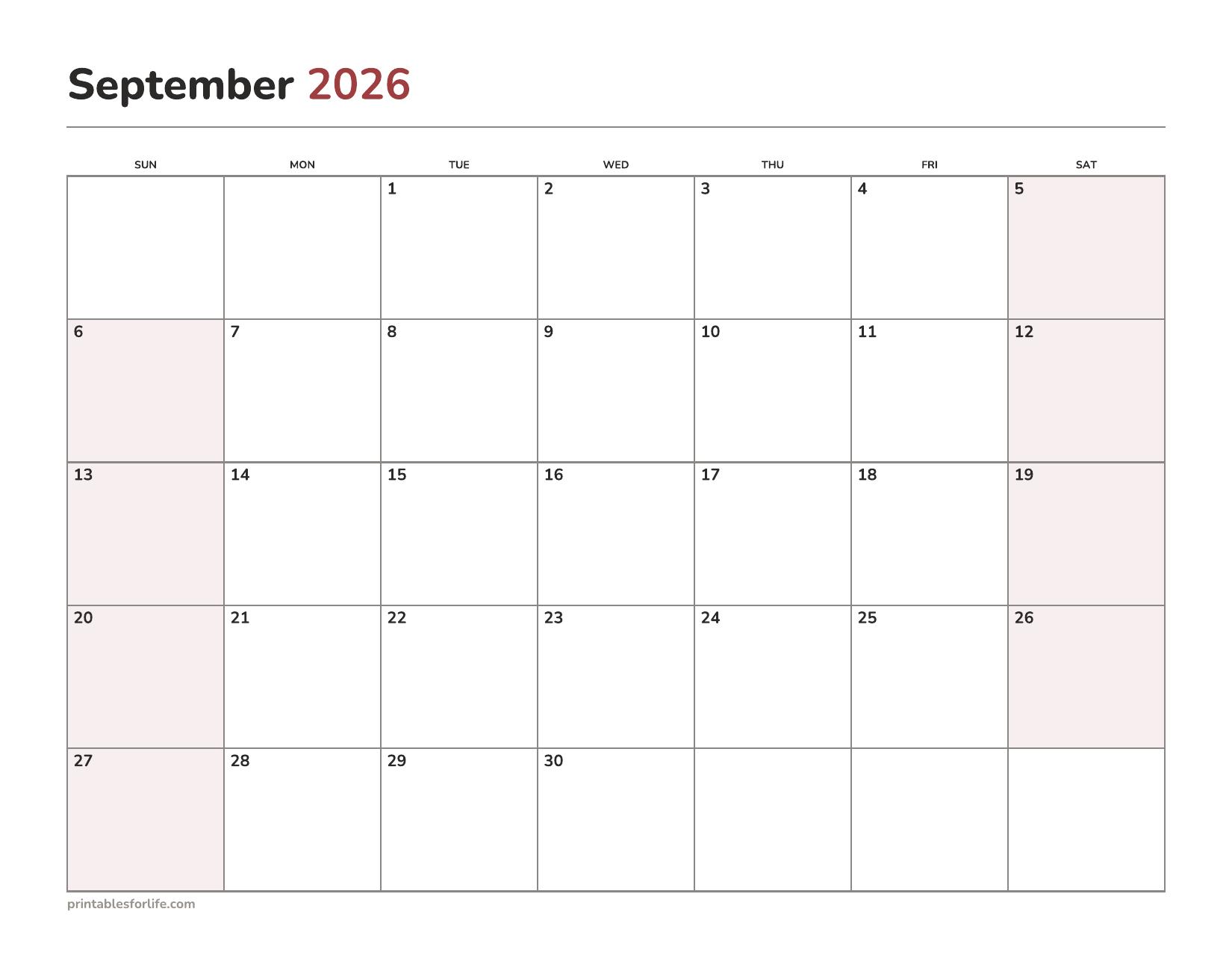 Dated September 2026 calendar printable with open daily boxes, landscape, Sunday start.