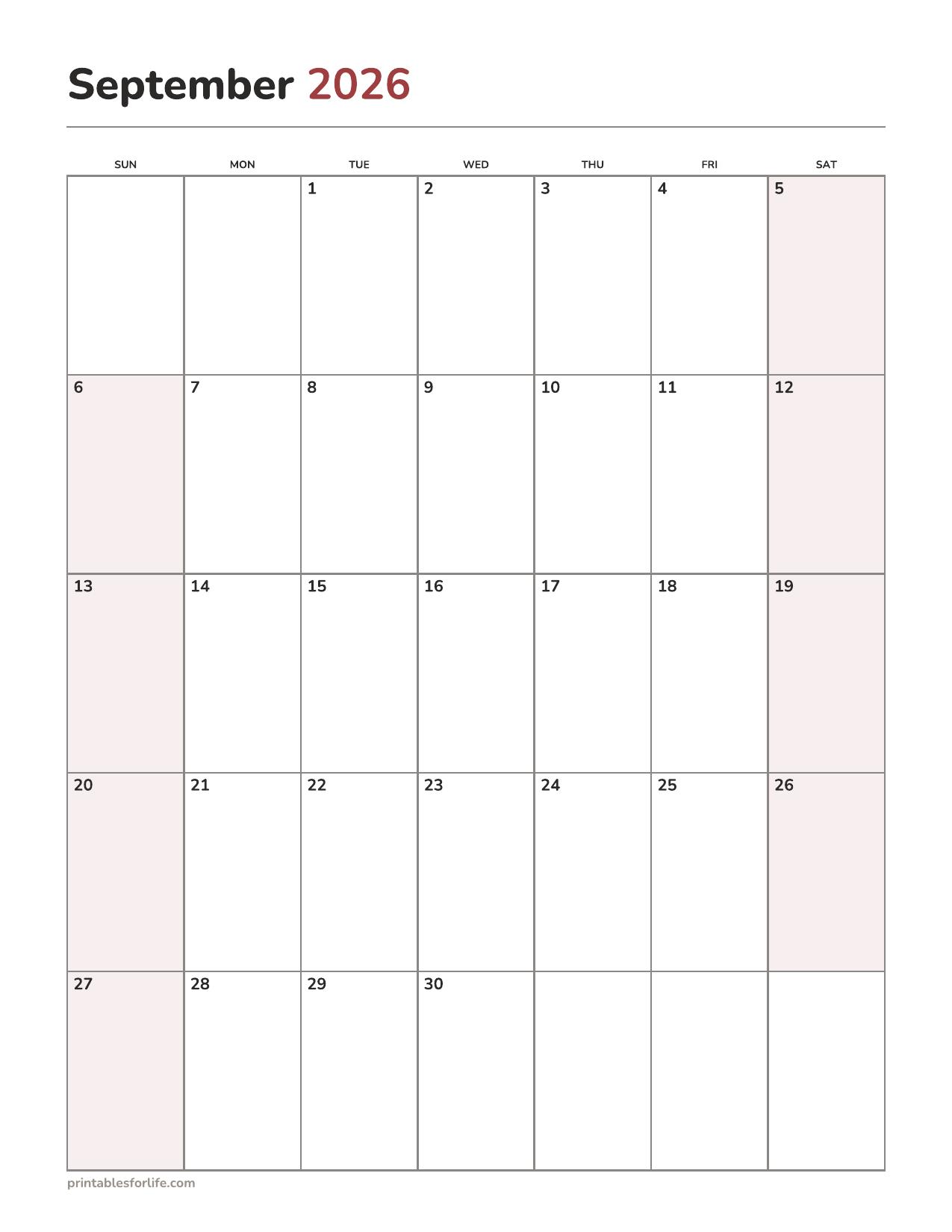 Dated September 2026 calendar printable with open daily boxes, portrait, Sunday start.