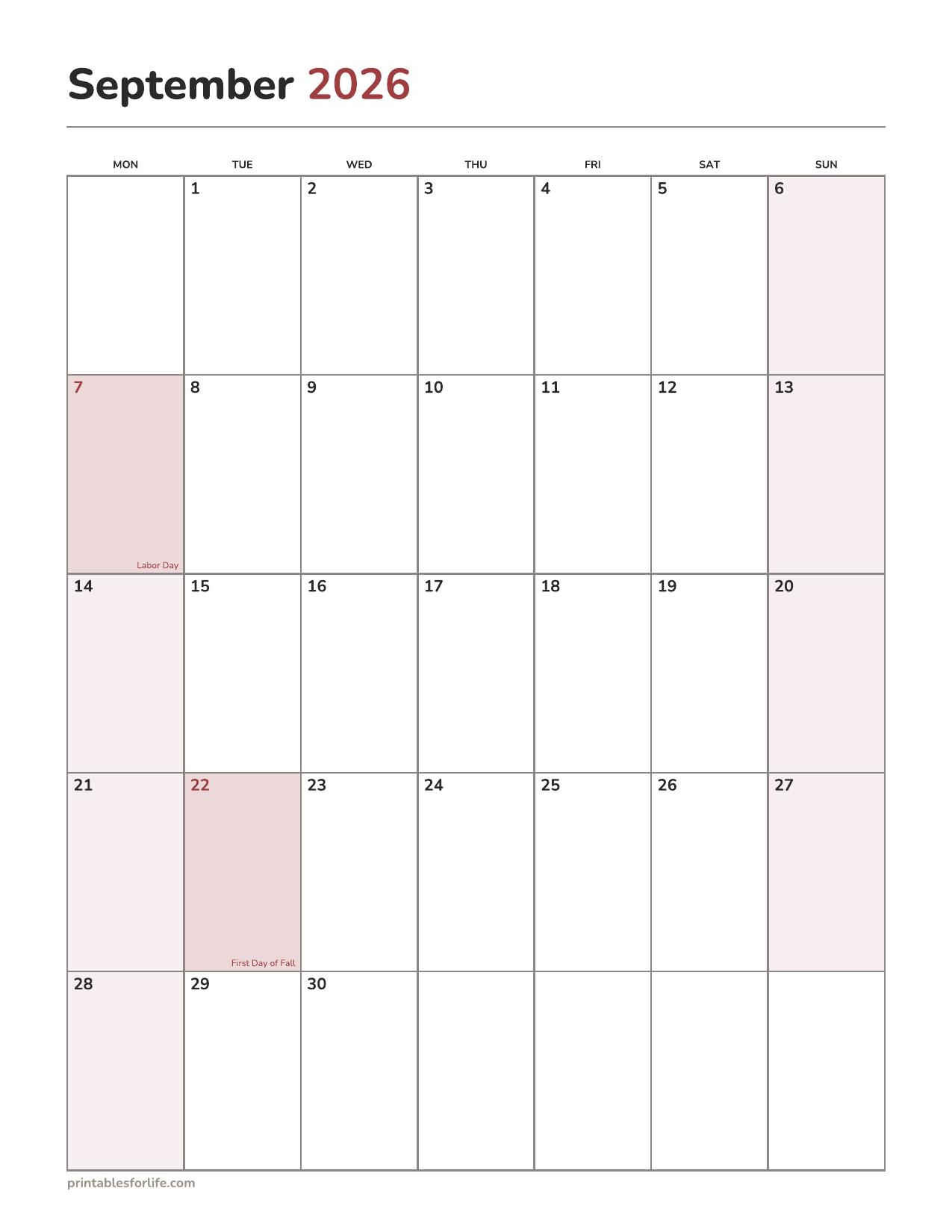 September 2026 calendar printable with the month's holidays already marked, portrait, Monday start.