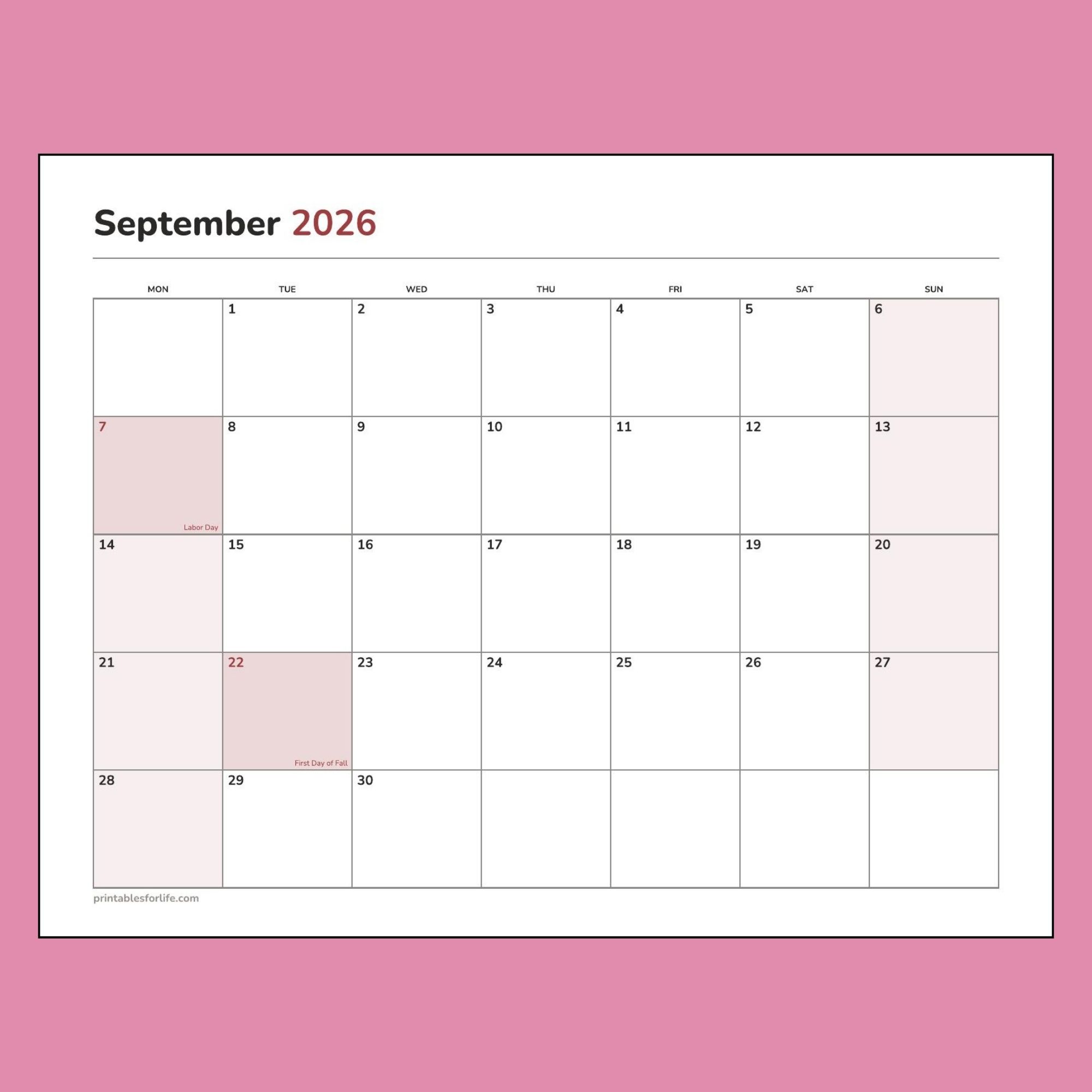 September 2026 calendar with holidays. Monday start.