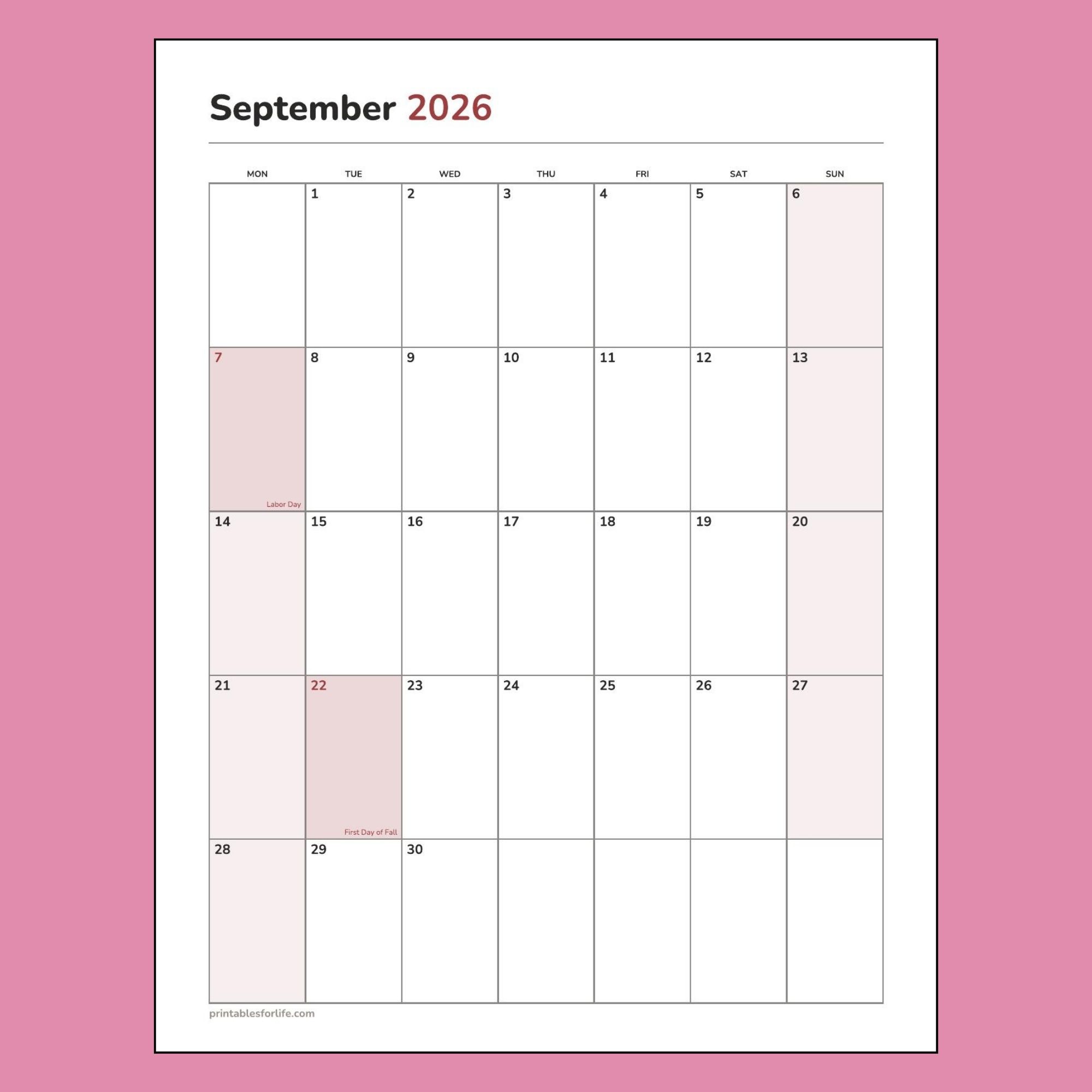 September 2026 calendar. Portrait with Monday start and holidays.