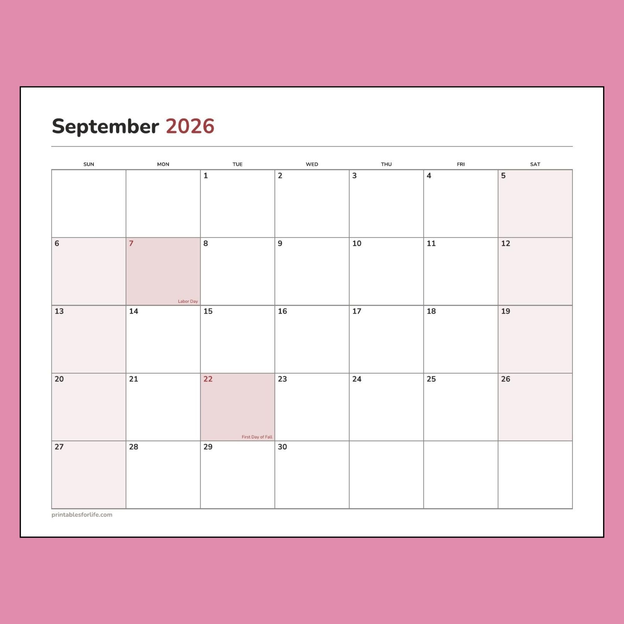September 2026 calendar in landscape. Sunday start with holidays.