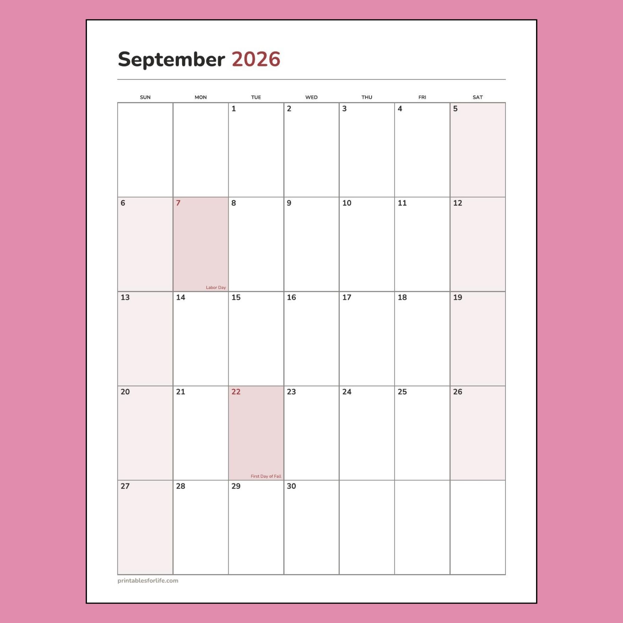September 2026 calendar. Sunday start with holidays. Portrait orientation.