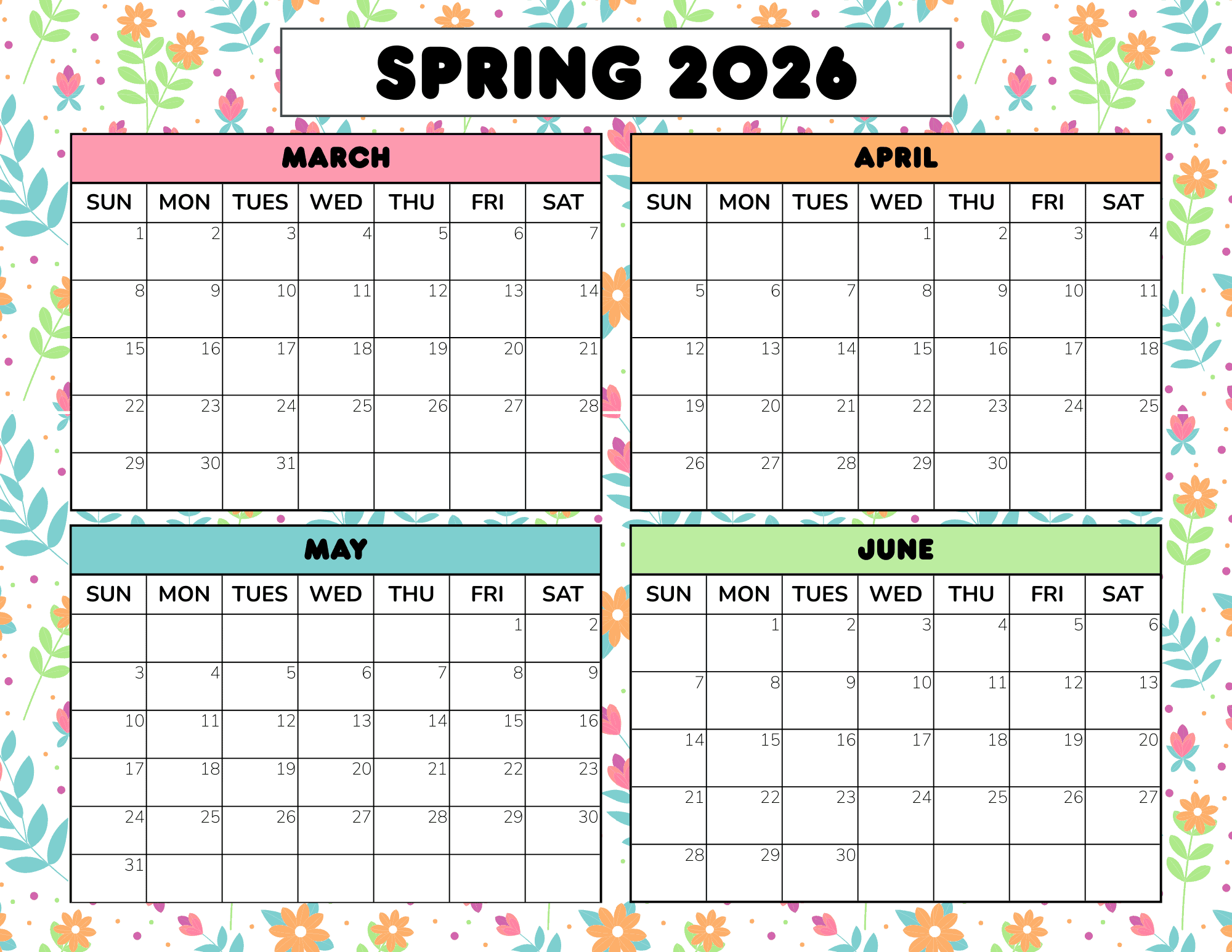 Spring 2026 calendar with March, April, May, and June months displayed.
