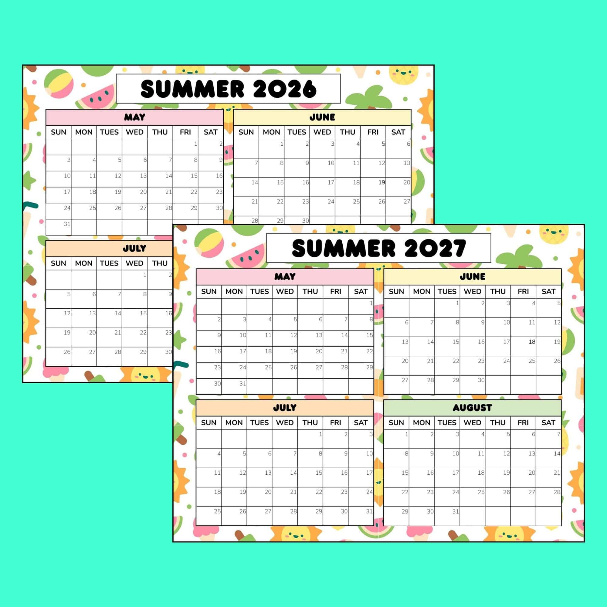 Printable summer 2026 and summer 2027 calendar. Dated PDF including months May, June, July, and August.