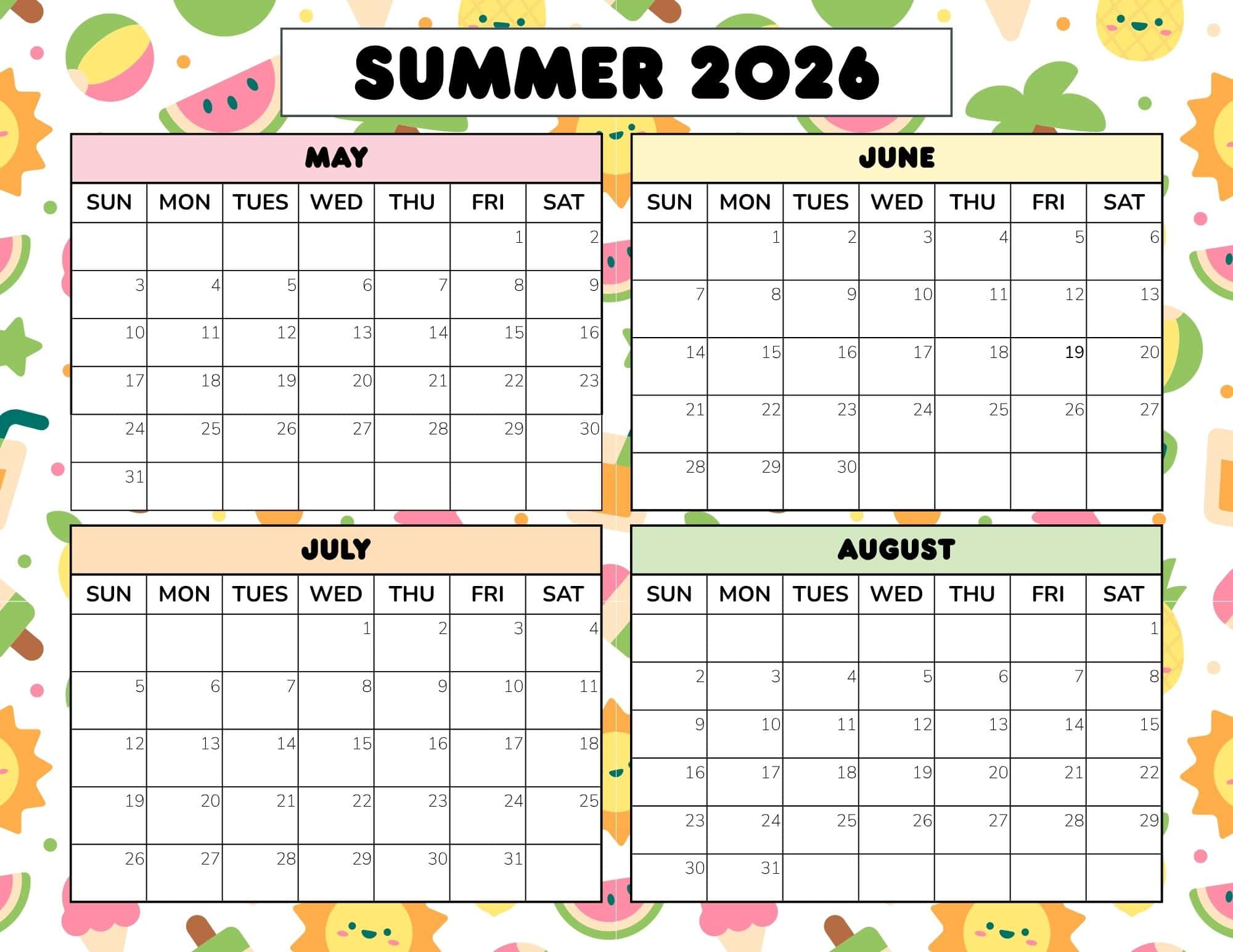 Printable summer 2026 calendar dated PDF with festive summer icons and colorful background.
