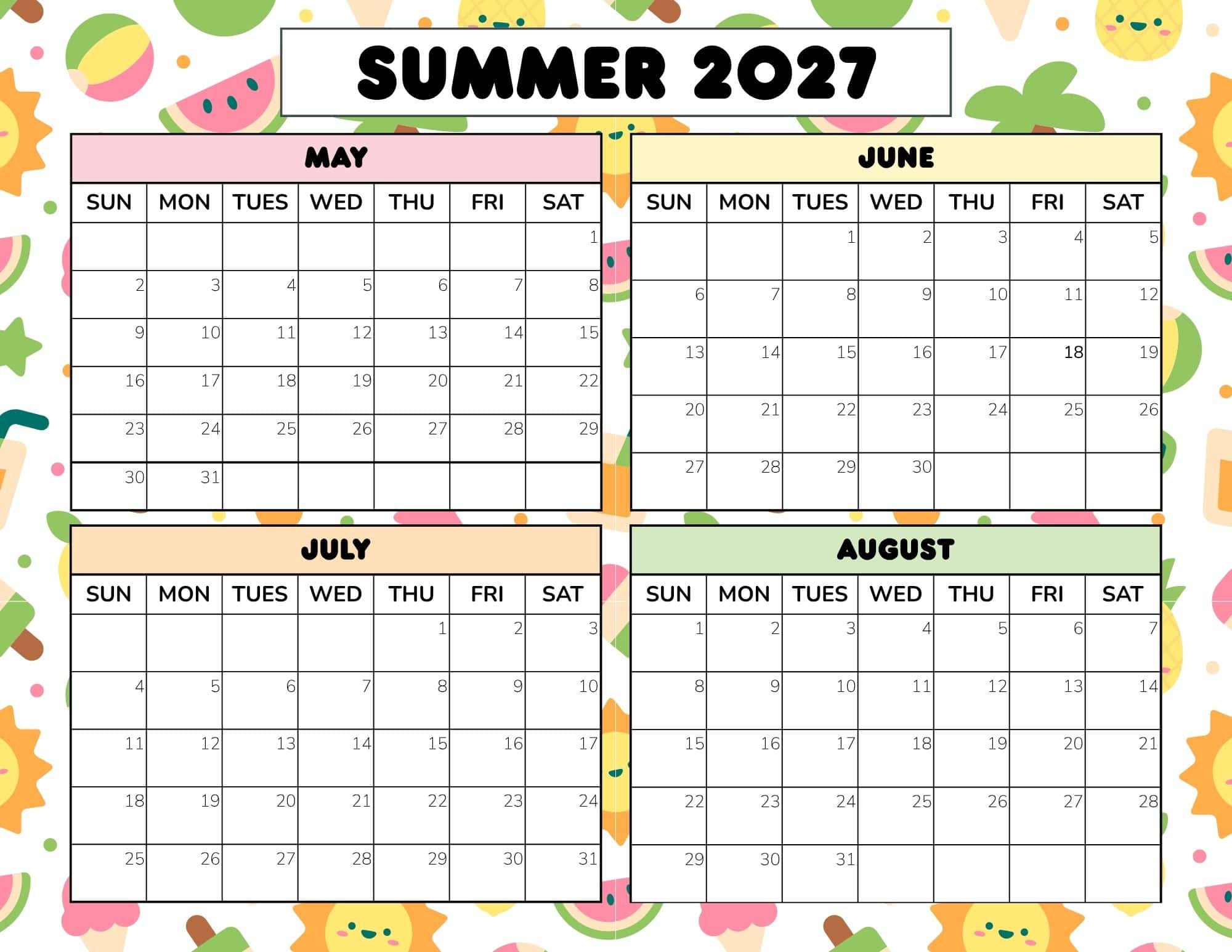 Printable summer 2027 calendar dated PDF with festive summer icons and colorful background.