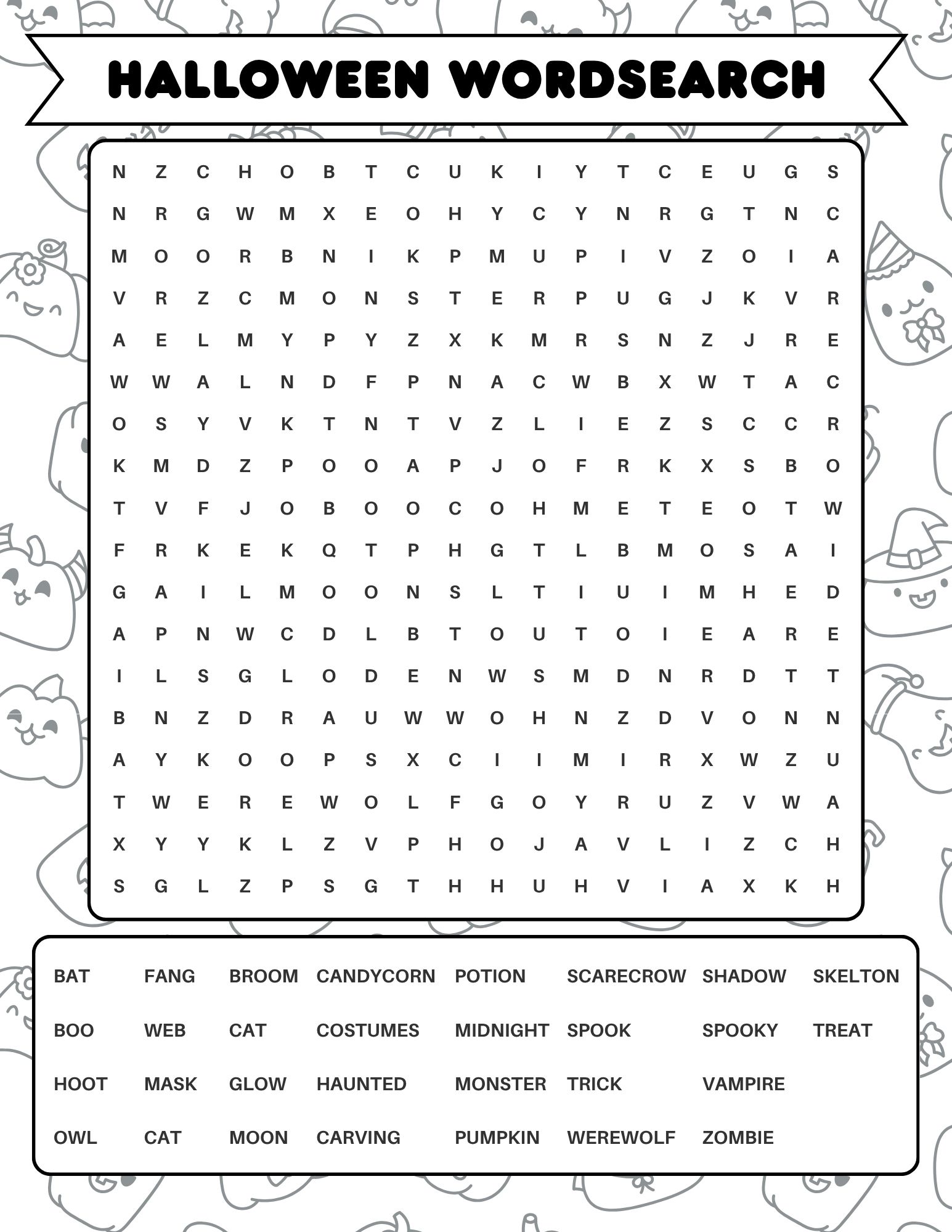 Hard Halloween word search printable with tricky words like Frankenstein, werewolf, and skeleton.