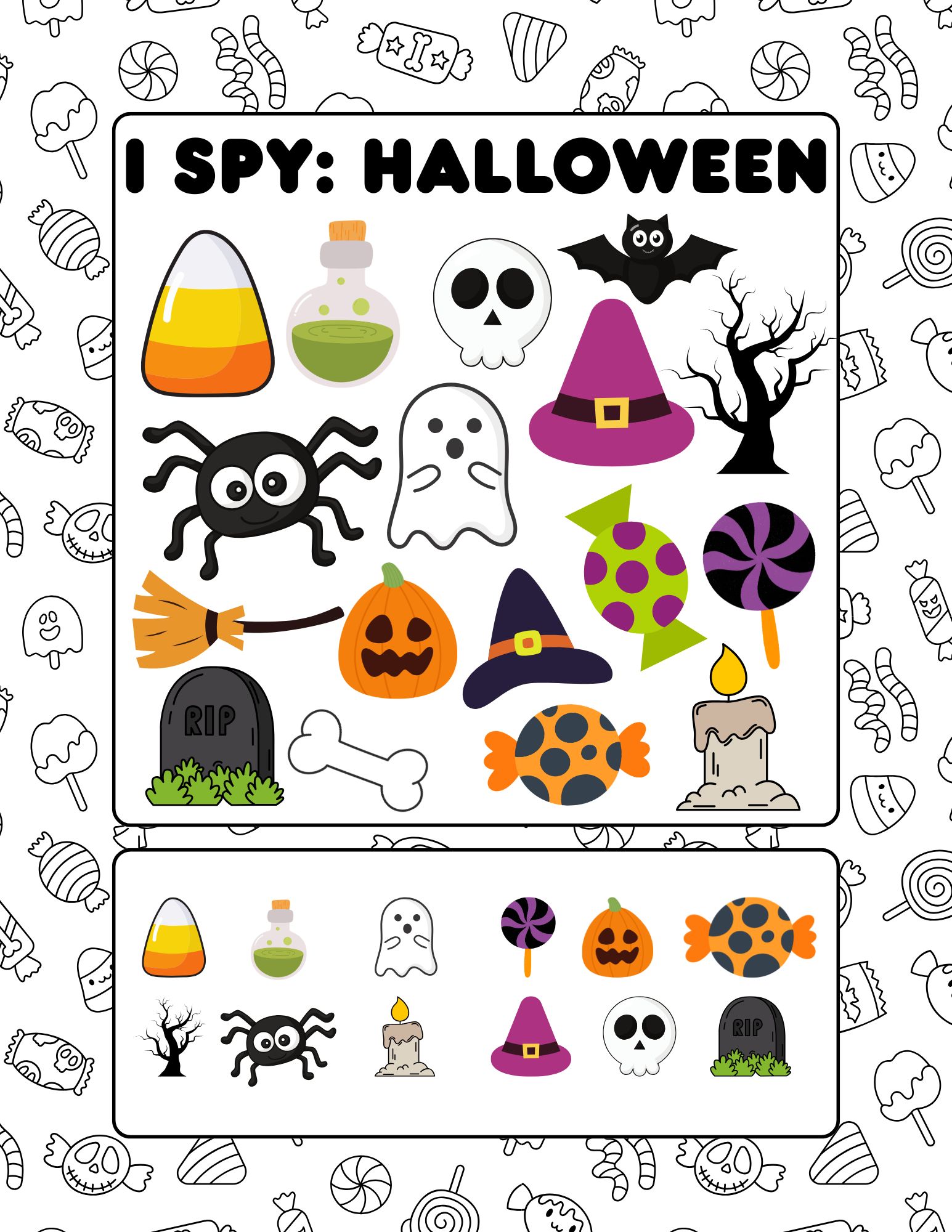 Halloween I Spy counting sheet with candy corn, potion, skull, bat, ghost, spider and pumpkin to count.