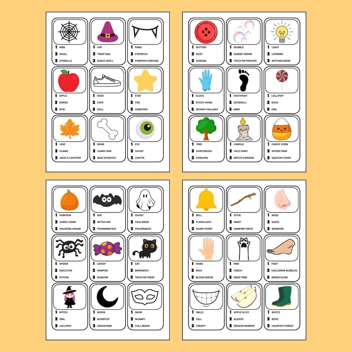 Halloween scene with various spooky elements like pumpkins, ghosts, witches, bats, and candy.