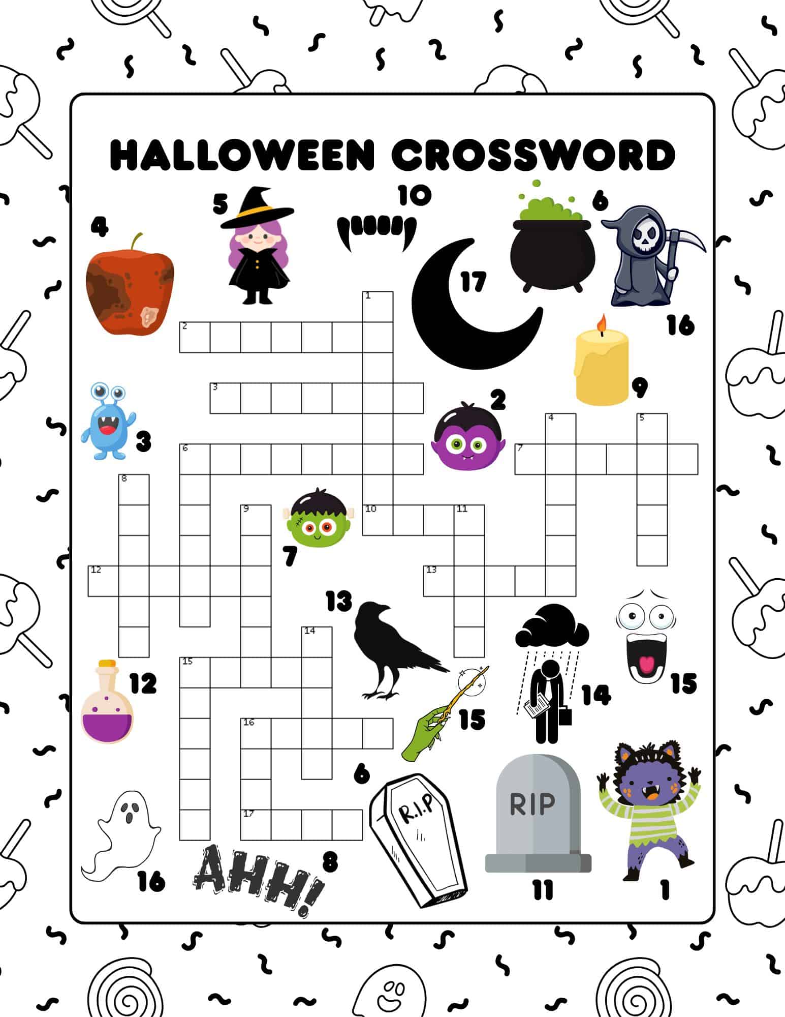 Halloween-themed crossword puzzle with spooky words and phrases.