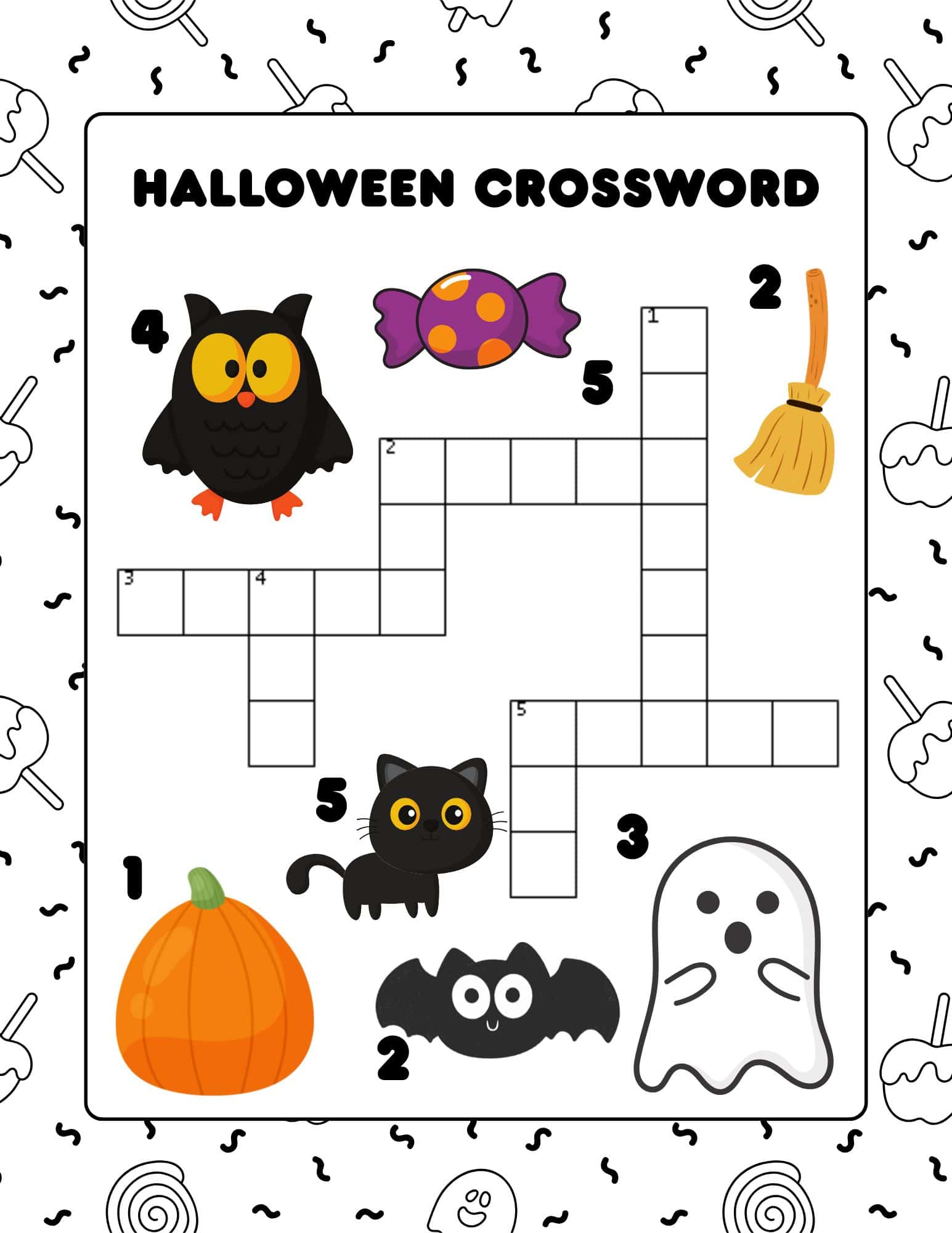 Halloween crossword puzzle with spooky themed words and numbers.