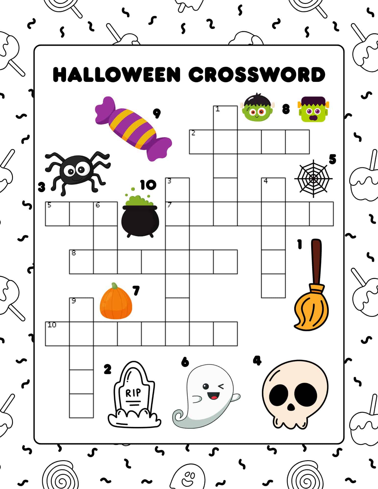 Halloween crossword puzzle with spooky themed words and numbers.
