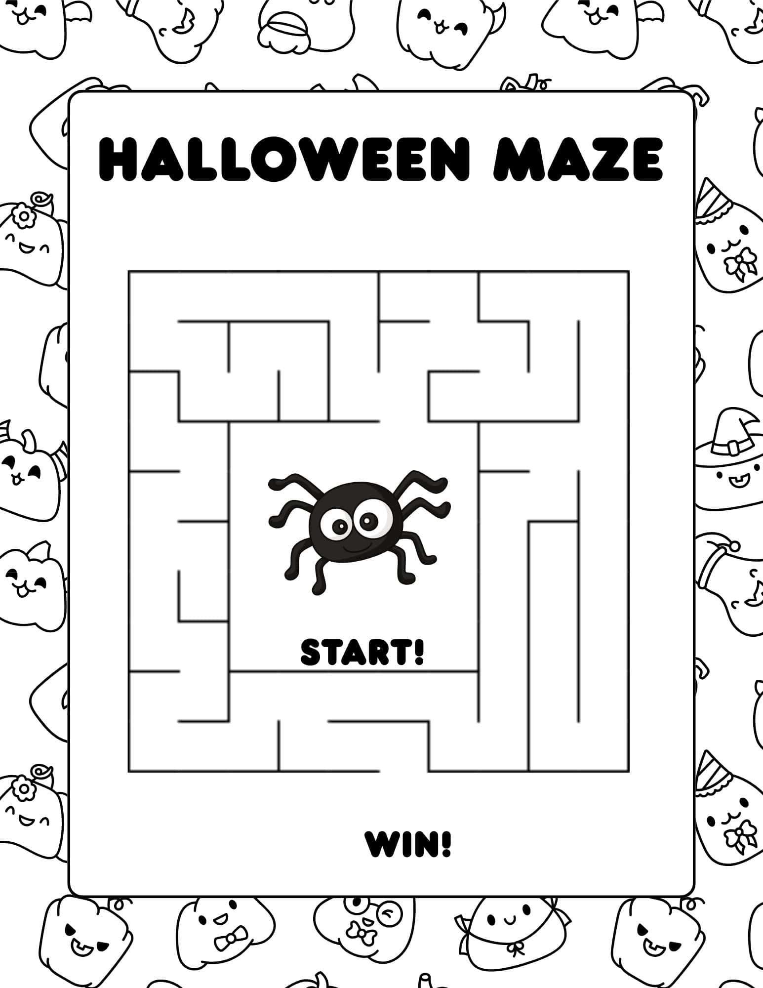 Halloween maze with start and win points in line art style.