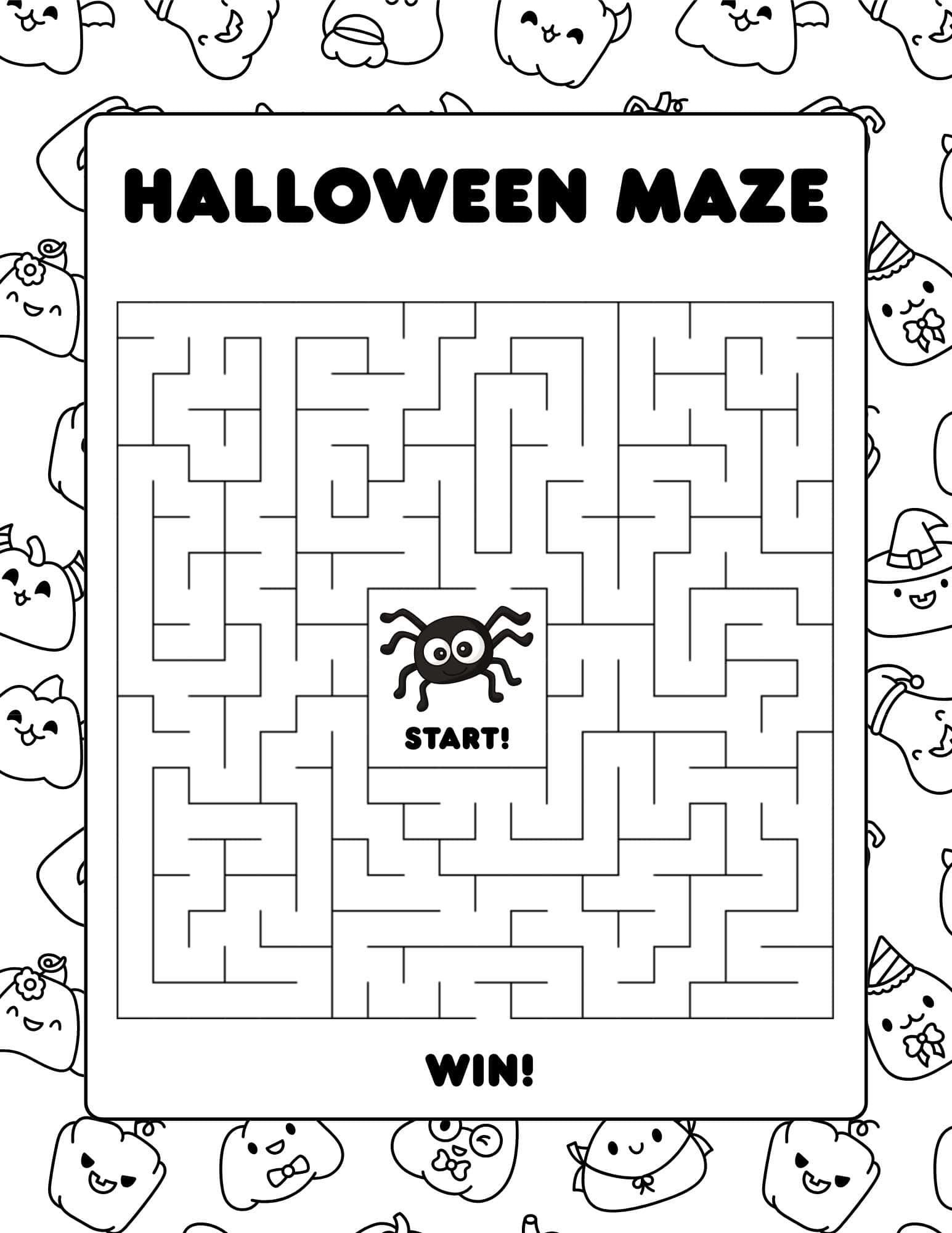Halloween maze with white walls and start and win signs.