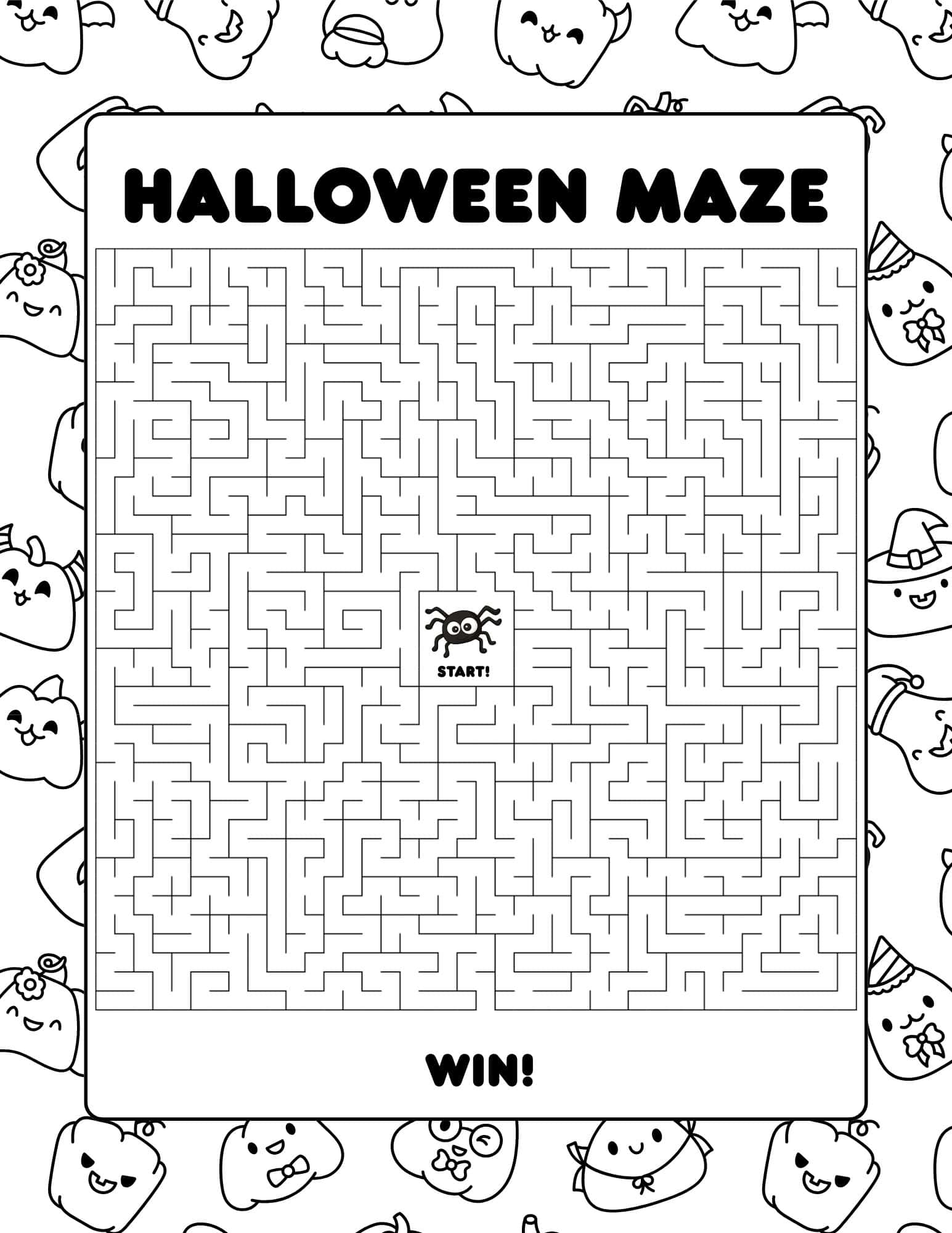 Halloween maze design with start and win signs.