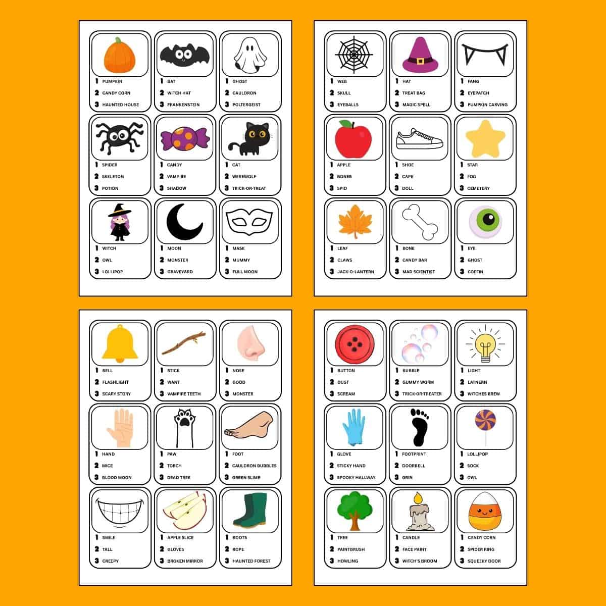Halloween decorations including witch hat, pumpkin, candy corn, haunted house, bat, and more.