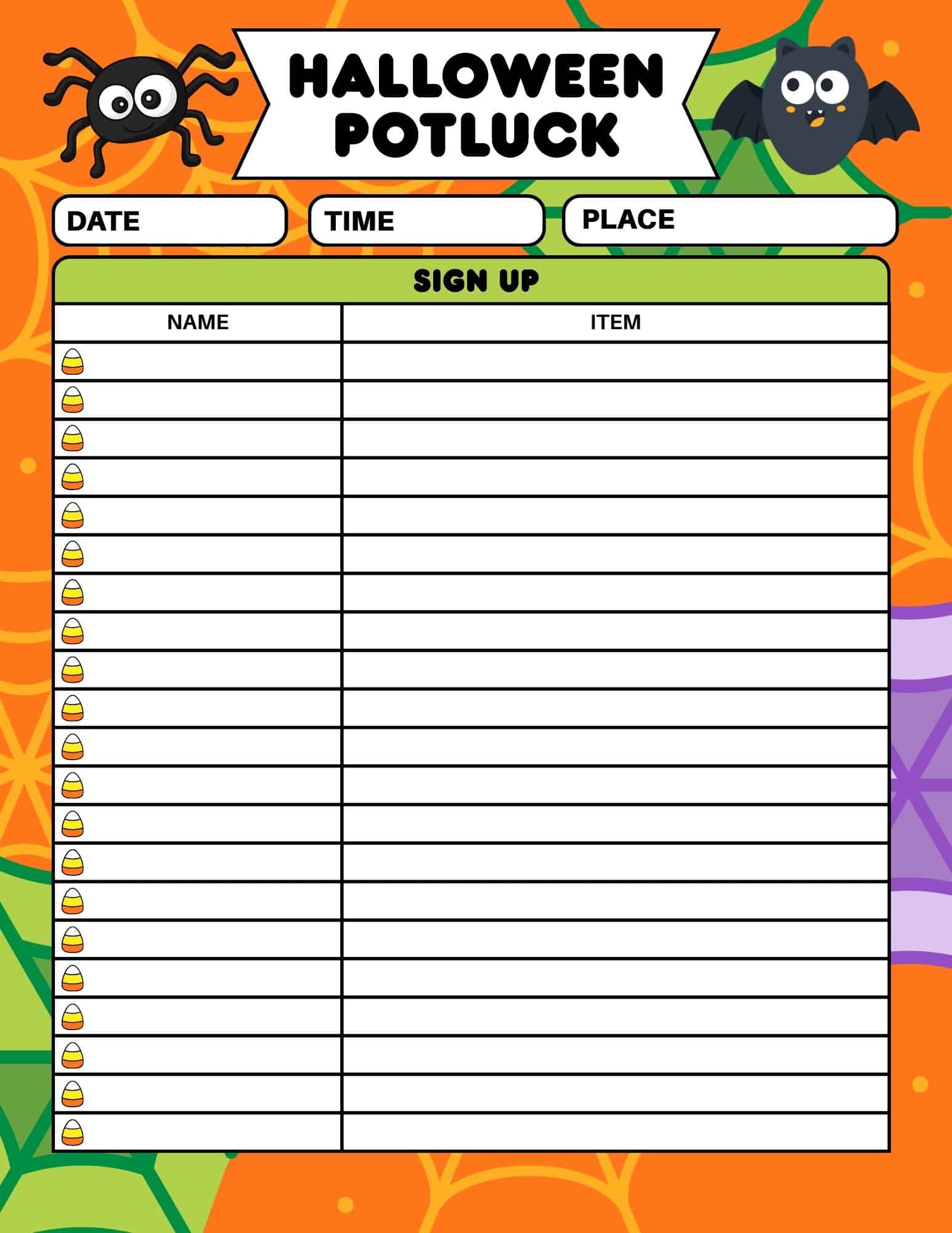 Halloween potluck sign-up sheet with date, time, and place fields.
