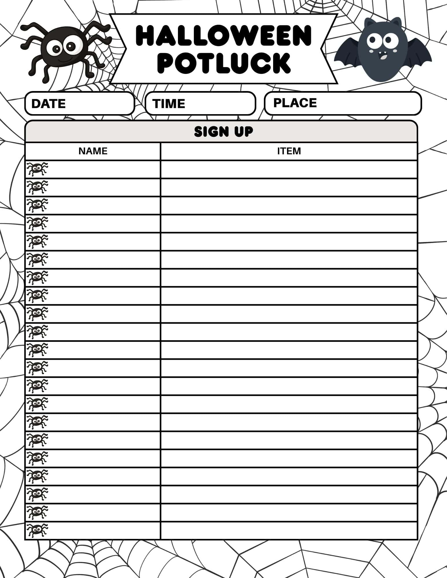 Halloween potluck sign up sheet with pumpkin decoration.