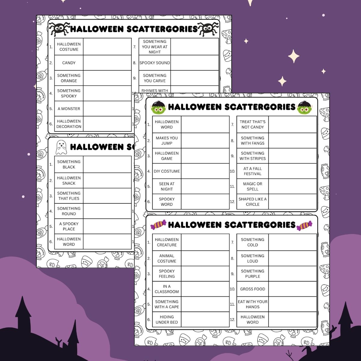 Halloween Halloween Scattergories printable with 4 game boards and spooky category promptsgame with spooky, costume, candy, orange, monster, decoration, black, game, snack, night, and creature.
