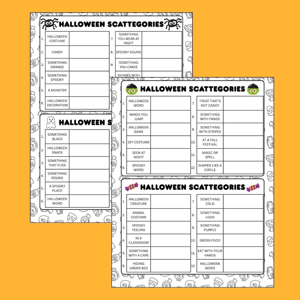 Halloween Scattergories game with spooky, costume, candy, orange, monster, decoration, black, game, snack, night, and creature.
