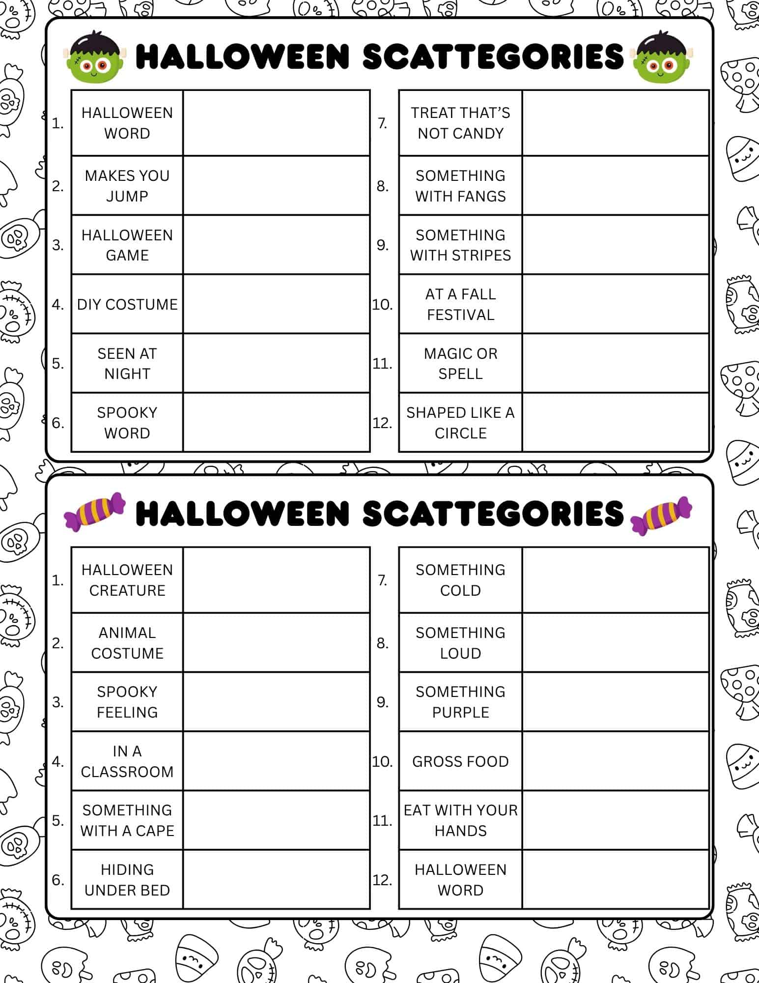 Halloween Scattegories game with Halloween-themed words and categories.