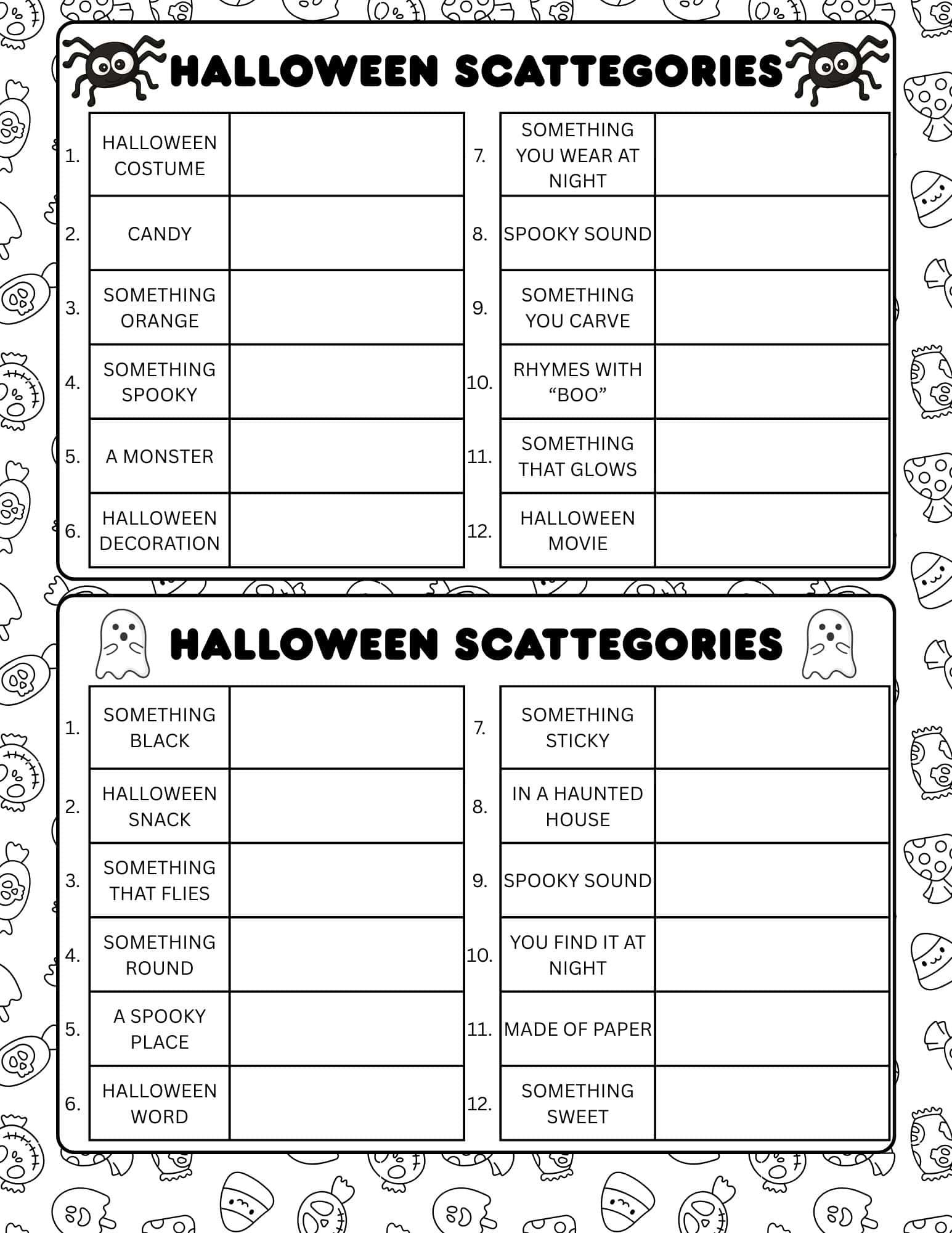 Halloween Scattegories game board with categories and prompts.