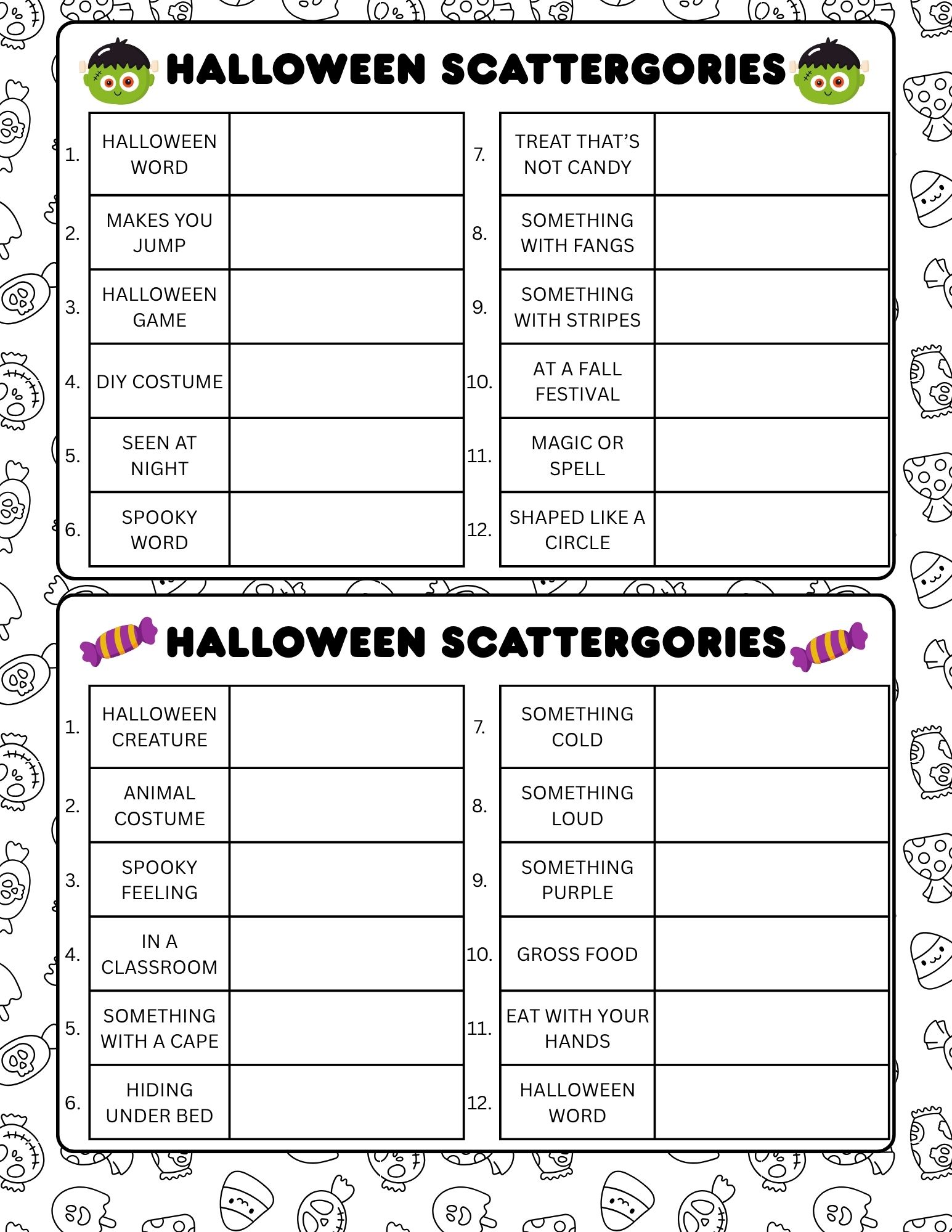 Halloween Scattergories Page 1 Halloween Scattergories game boards โ Frankenstein and candy category sheets