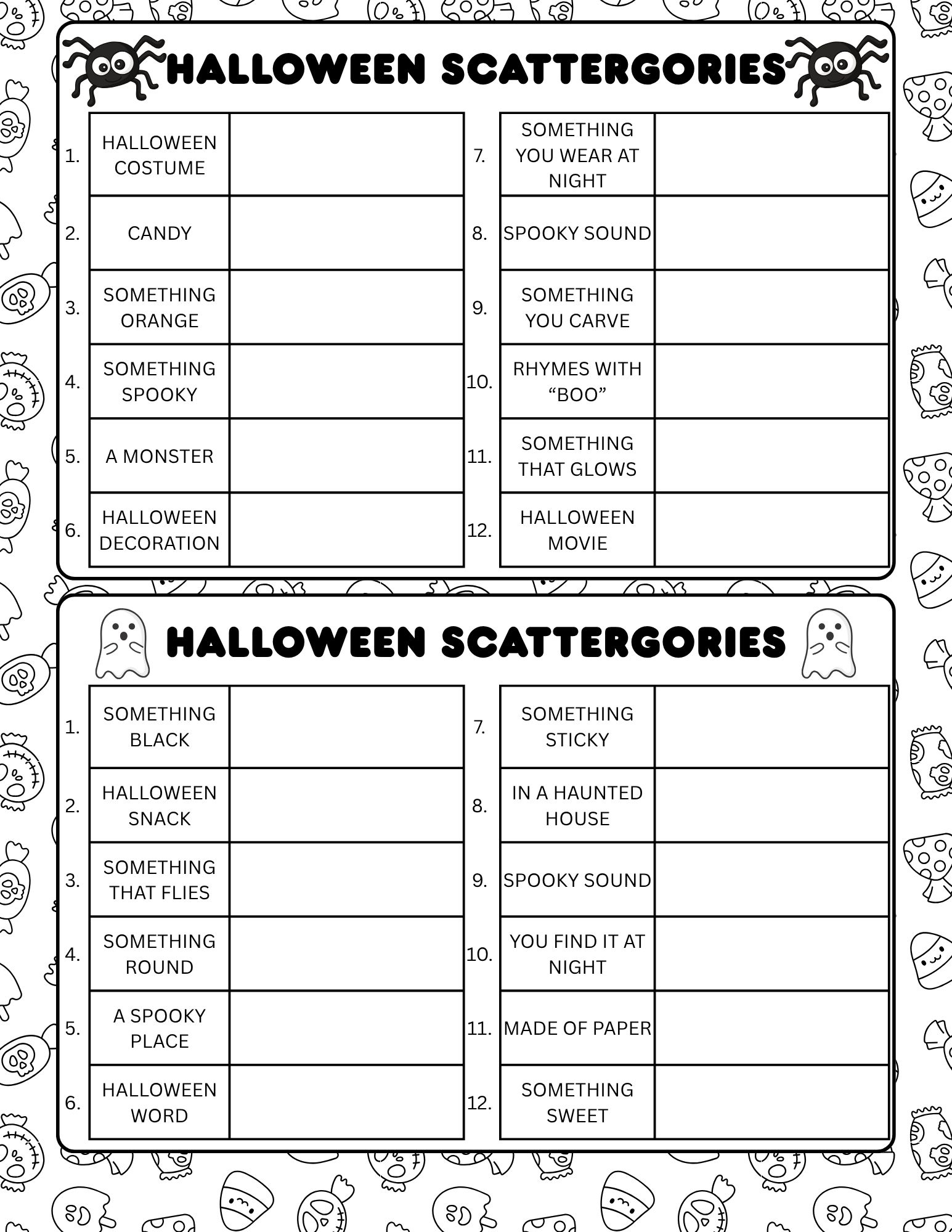 Halloween Scattegories game board with categories and prompts.