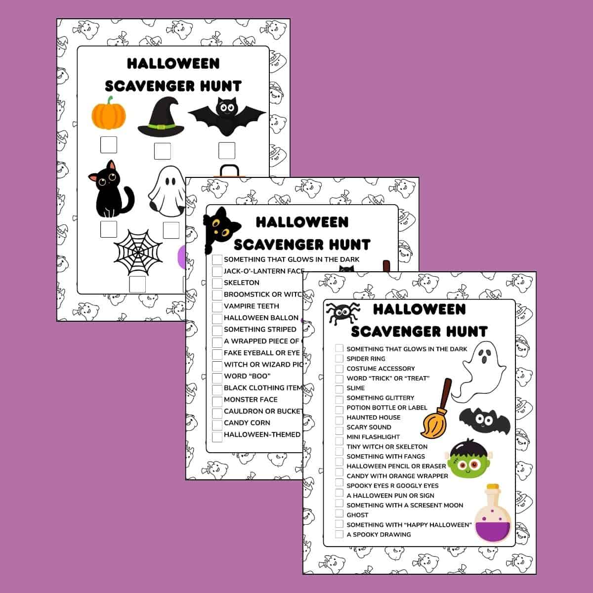 Trick-or-treating Halloween scavenger hunt items: glowing object, jack-o'-lantern face, skeleton, vampire teeth, candy corn, spooky